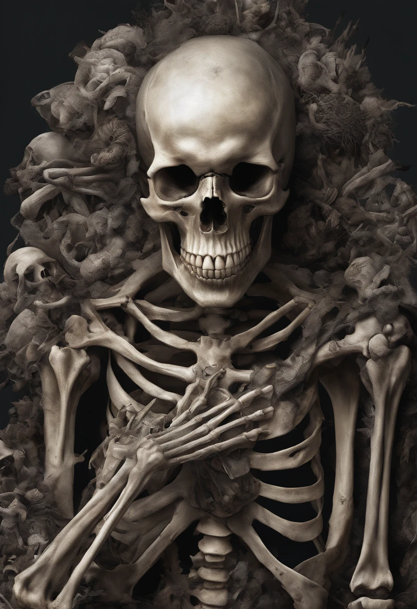(Horror) a close up of a skeleton with hands on it's chest, rotting, death metal album cover, rotting flesh, dug stanat macabre art, in hell, they sit next to a pile of bones, dark goddess with six arms, piles of bones, pile of skulls under his feet, black metal album cover, rotten flesh, crown of bones