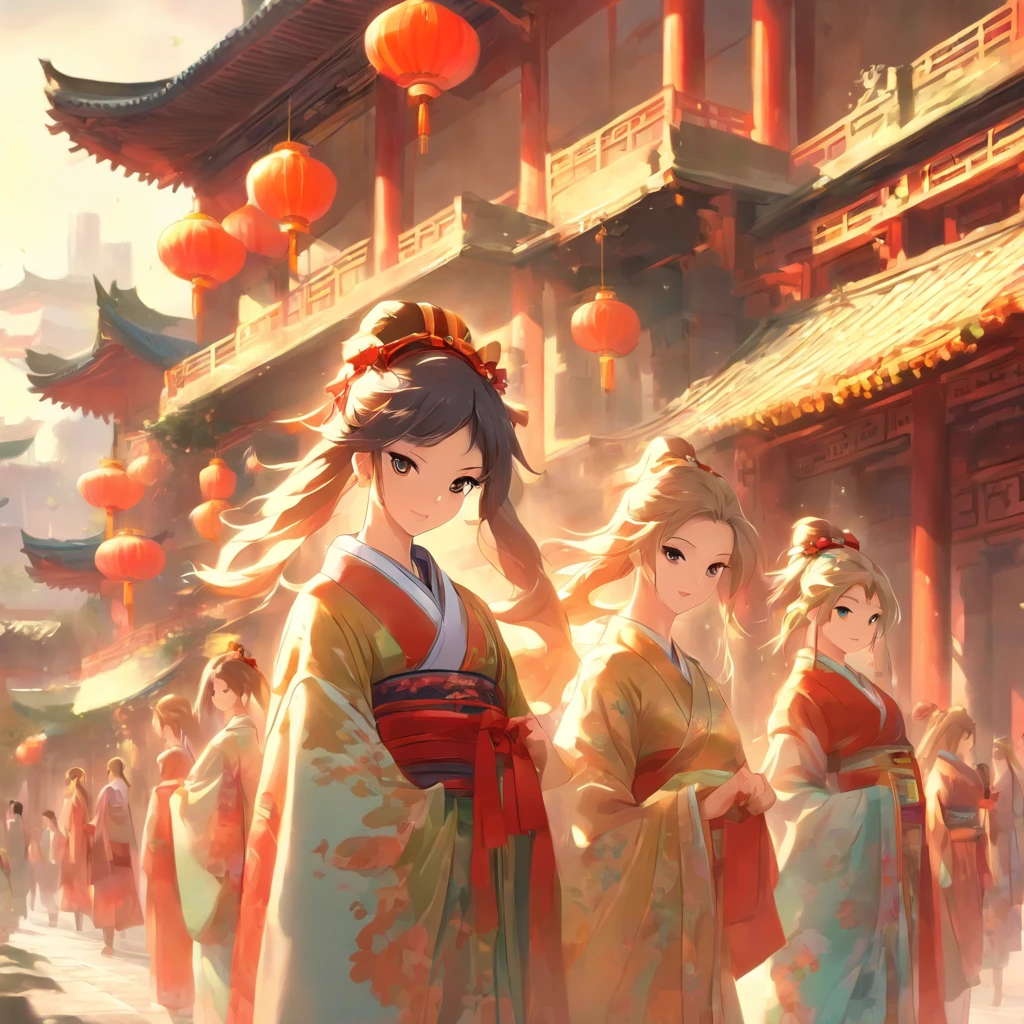 In the daytime，A group of women shopping，Chinese ancient style，The background is an ancient building