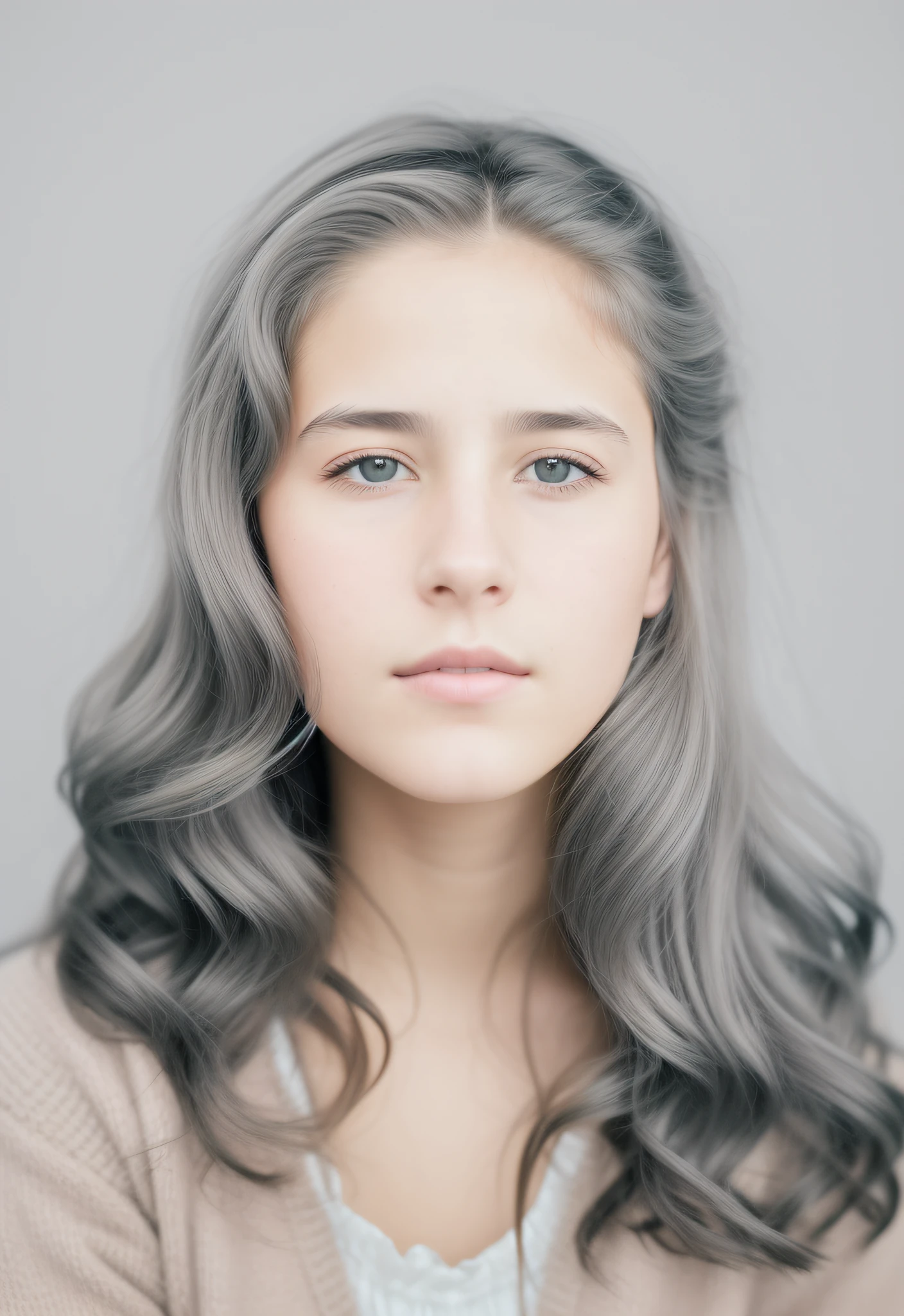 Portrait of a woman with long hair and a sweater, Retrato en color, Retrato suave, Retrato de estudio en color, inspired by Jean-Étienne Liotard, Una foto coloreada, Retrato de estudio realista, Chica Cabello Plateado, Foto de retrato realista, color photograph portrait 4k, adolescente hiperrealista, Retrato VFX altamente detallado