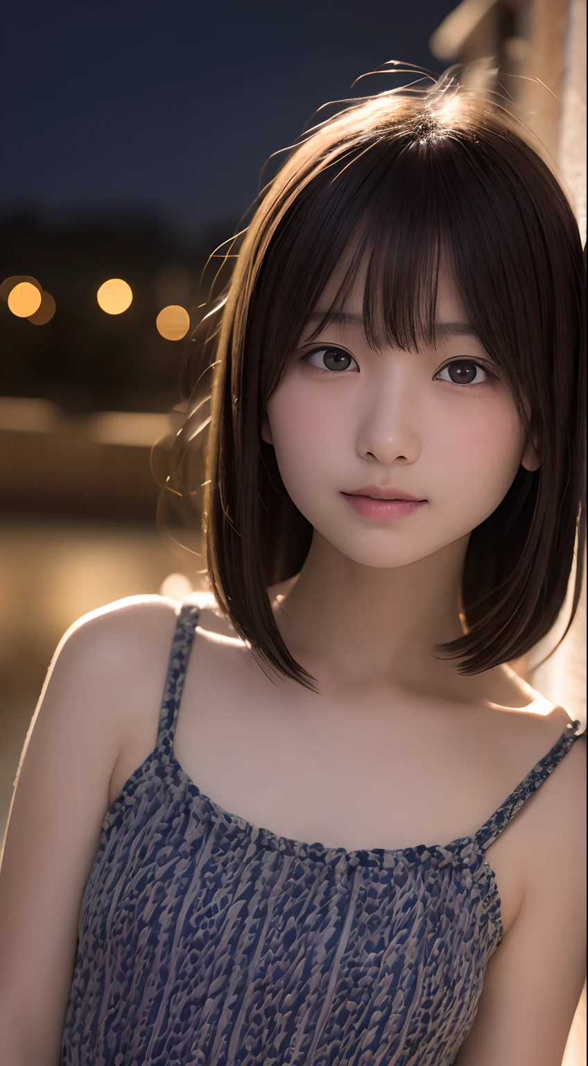 masutepiece, Best Quality, 8K, 8years old, Teen, Raw photo, absurderes, award winning portrait, Smile, Solo, (Night:1.8), Idol face, Delicate girl, Upper body, Digital SLR, Looking at Viewer, Candid, Sophisticated,Thin arms, Professional Lighting, Film grain, chromatic abberation, (Eyes and faces with detailed:1.0), (Bokeh:1.1) , (Non-black blouse:1.1) , closes mouth , A dark-haired , drooing eyes , Average-sized breasts