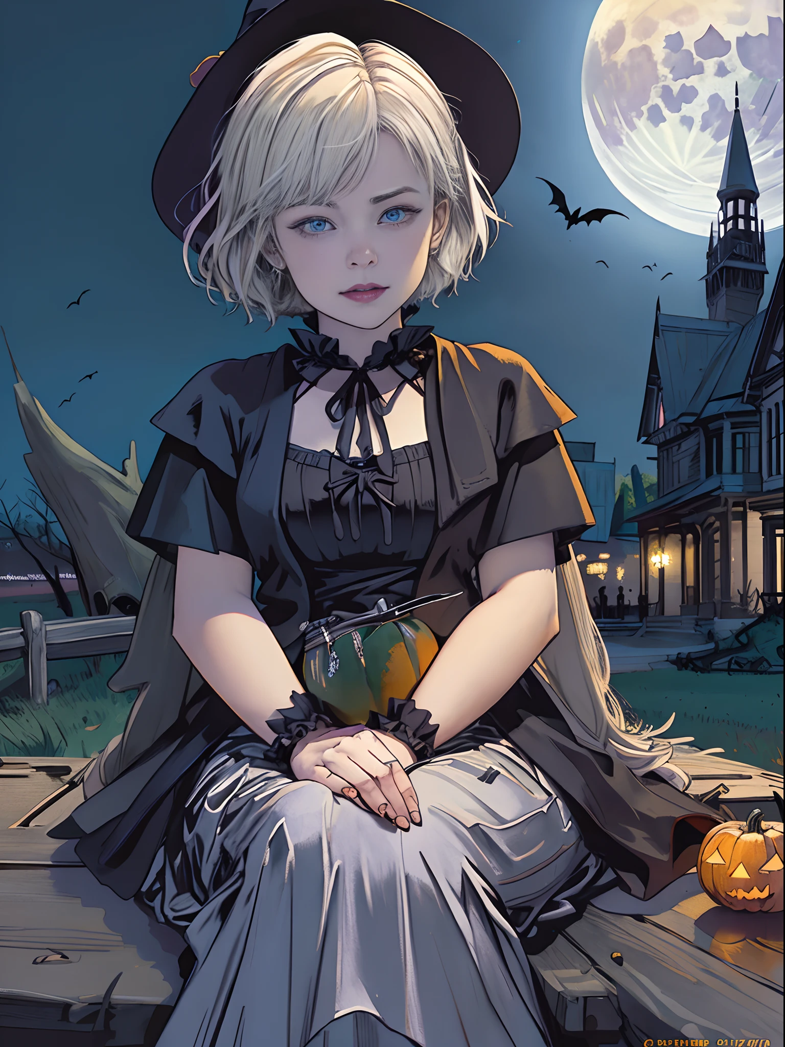 Top image quality、masterpiece、Vivid coloring、Edward Hopper's Style、Halloween、Aerial perspective、thirds rule、Norse wearing a witch's hat1People Beautiful Girl、slightly smaller eyes、Pretty small face、Light makeup、Platinum blonde short hair、middlebreasts、tall、sitting on、Full body like、witch's hat、cloaks、Black Gloves、long-sleeve、gothic dress、Bright pumpkin lantern、the bats、Old mansion、Stone walls、fullmoon, stunning