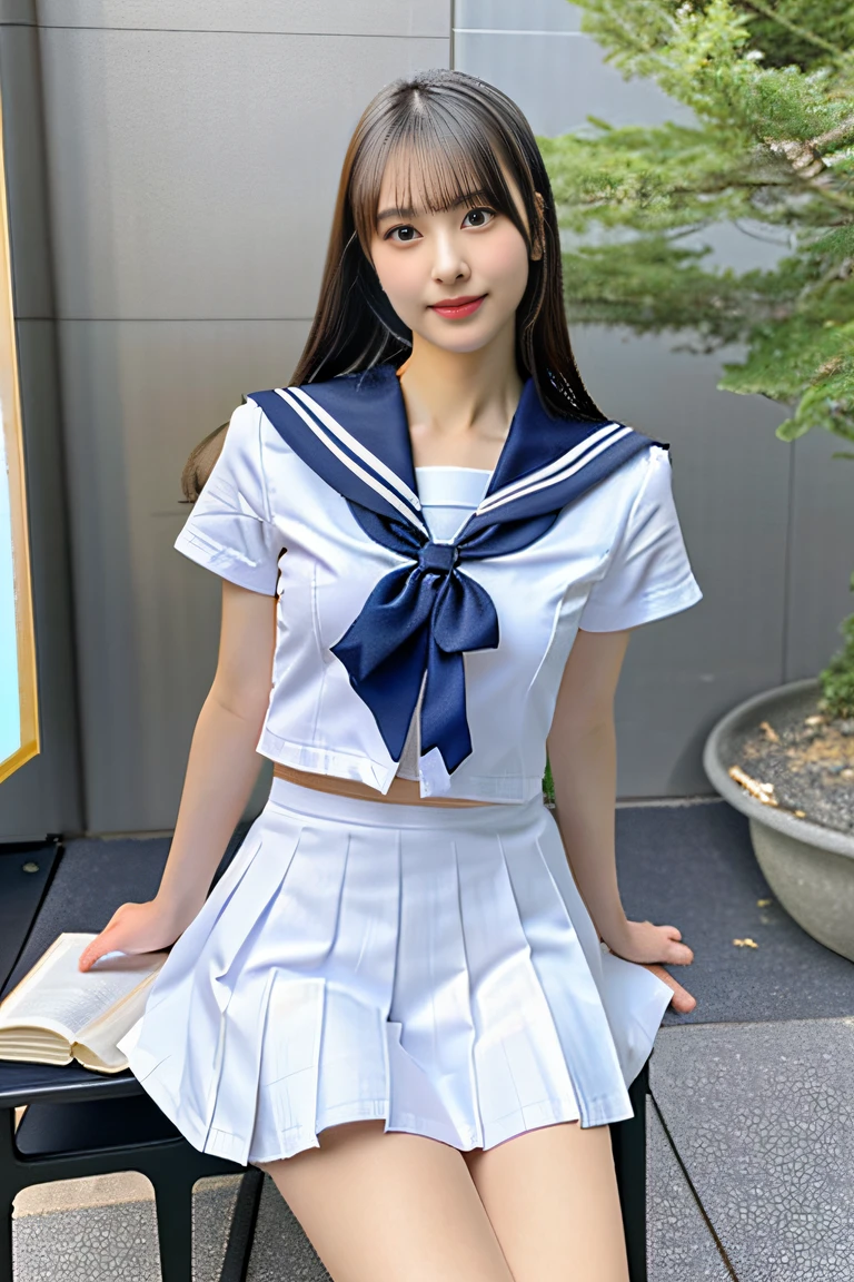 (((Draw only one woman: 2))), Beautiful 18 year old Japan woman, (High school girl in white sailor suit with short sleeves: 1.5), (Japan strict girls' school white sailor uniform:1.5), (( High school girl sitting on library chair reading: 1.2)), ((1screen)), 8K, RAW shot, top quality photo, ​masterpiece, Nice realistic photos , ((Anatomically correct proportions: 1.5)), ((Perfect proportions)), Cute woman like an idol of Japan, Detailed face, Detailed eyes, Narrow Nose, Detailed hands and fingers, Detail Arm, Detailed skin, Detailed legs, short torso, Slender body, (shiny long hair: 1.5), (Large breasts: 1.5), Fit sailor suit、(lecture:1.5)