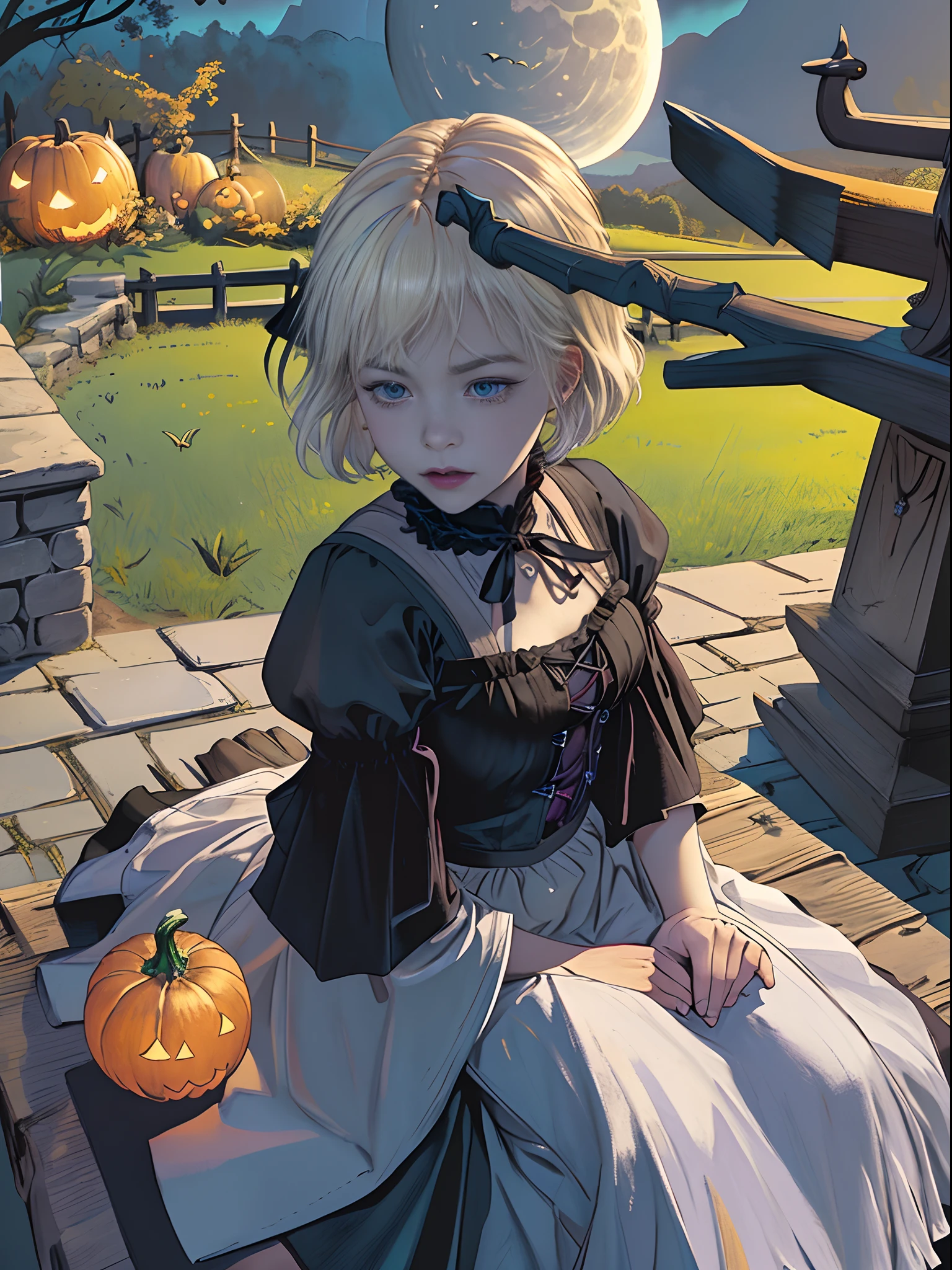 Top image quality、masterpiece、Vivid coloring、Edward Hopper's Style、Halloween、Aerial perspective、thirds rule、Norse wearing a witch's hat1People Beautiful Girl、slightly smaller eyes、Pretty small face、Light makeup、Platinum blonde short hair、middlebreasts、tall、sitting on、Full body like、witch's hat、cloaks、Black Gloves、long-sleeve、gothic dress、Bright pumpkin lantern、the bats、Old mansion、Stone walls、fullmoon, stunning