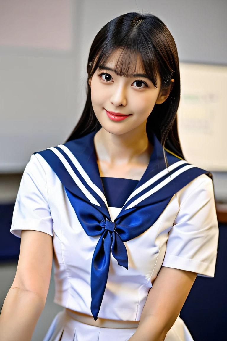 (((Draw only one woman: 2))), Beautiful 18 year old Japan woman, (High school girl in white sailor suit with short sleeves: 1.5), (Japan strict girls' school white sailor uniform:1.5), (( High school girl sitting on library chair reading: 1.2)), ((1screen)), 8K, RAW shot, top quality photo, ​masterpiece, Nice realistic photos , ((Anatomically correct proportions: 1.5)), ((Perfect proportions)), Cute woman like an idol of Japan, Detailed face, Detailed eyes, Narrow Nose, Detailed hands and fingers, Detail Arm, Detailed skin, Detailed legs, short torso, Slender body, (shiny long hair: 1.5), (Large breasts: 1.5), Fit sailor suit、(lecture:1.5)