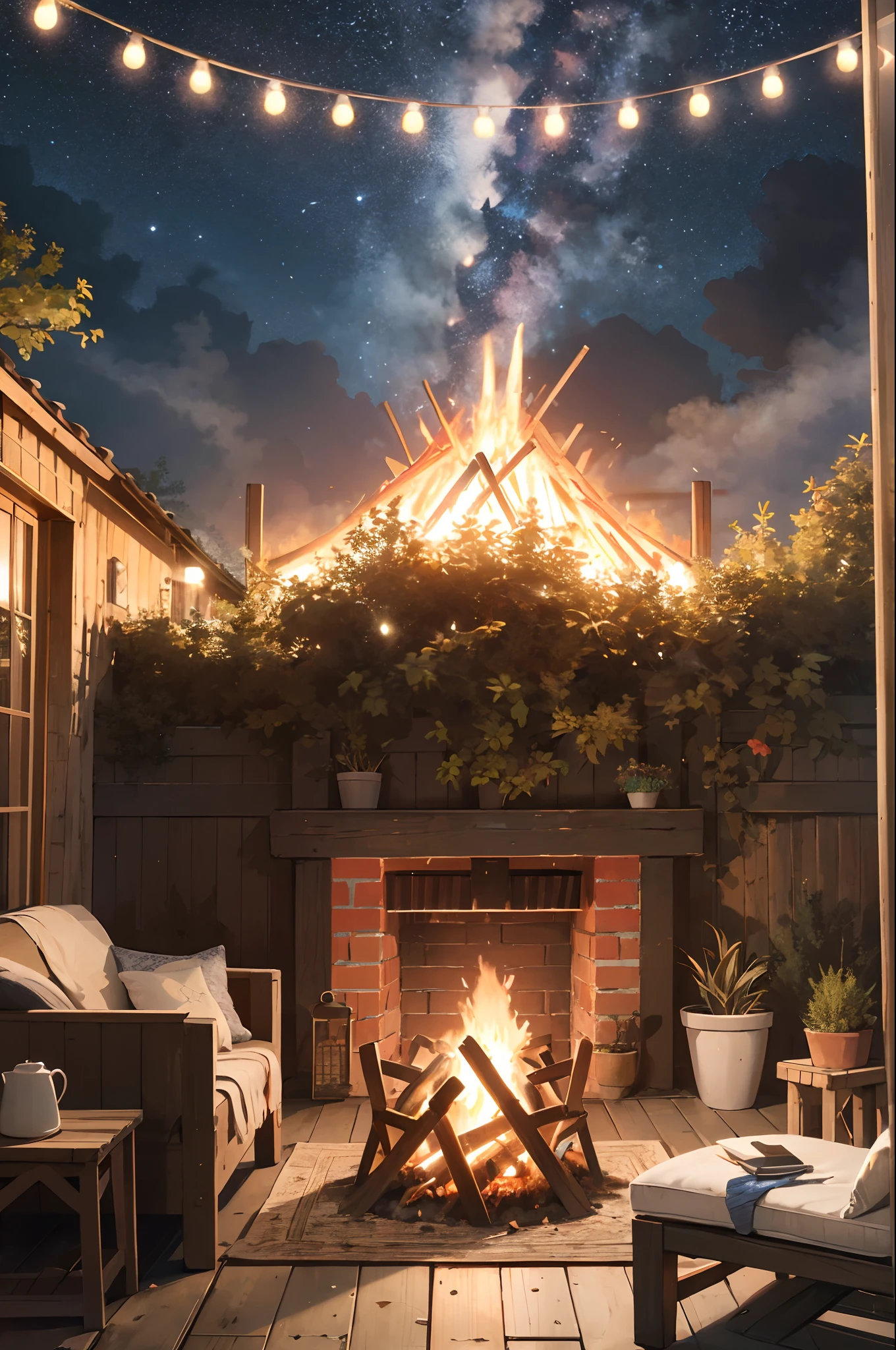 Immerse yourself in the magic of a winter's night where the sky is adorned with a tapestry of shimmering stars. Beneath this celestial display, a field of lush green unfurls, offering a sense of tranquility. Amidst this natural beauty, a crackling bonfire casts a warm, inviting glow, with comfortable chairs encircling it. Wooden coffee tables adorned with steaming mugs of comfort beckon you to unwind and savor the moment. The air is filled with the aroma of contentment, where the elements of nature and human coziness intertwine in a breathtaking and serene tableau."