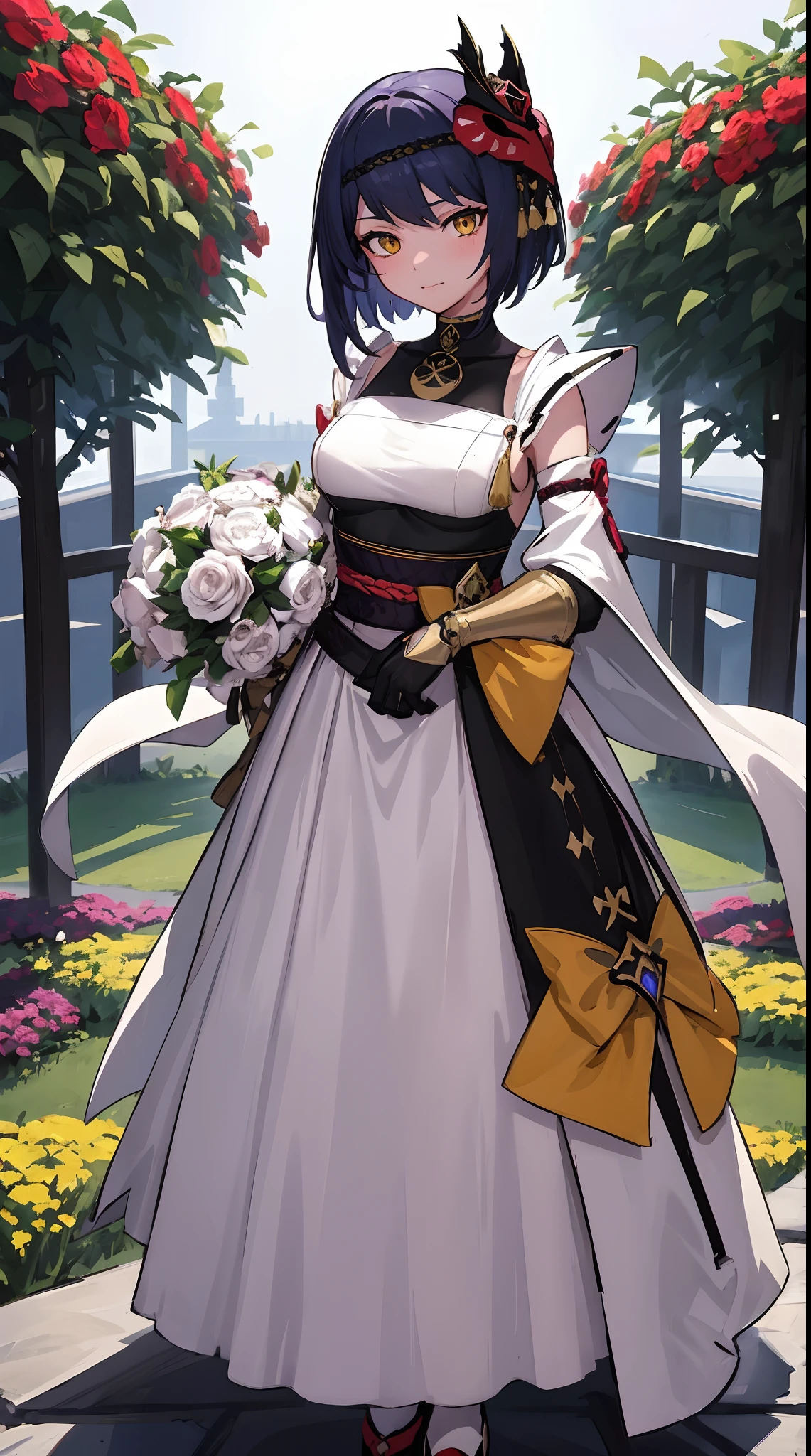 Kujou Sara | genshin impact, master-piece, bestquality, 1girls,25 years old, proportional body, proportional., Wedding Dresses, White Wedding Dress, Long skirt, wedding, ,bara, Standing in the middle of a flower garden, outdoor, wedding, The sky is beautiful, Both hands hold a bouquet of flowers..........................................................., View viewers from the front., Thigh strap, Head tilt, bored, 10, 10, HD, slight smile,