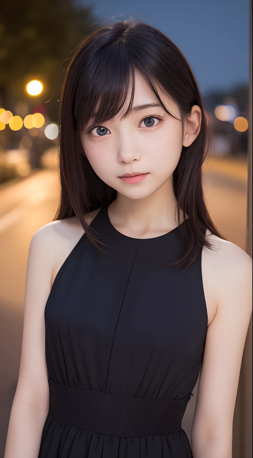 masutepiece, Best Quality, 8K, 8years old, Teen, Raw photo, absurderes, award winning portrait, Smile, Solo, (Night:1.8), Idol face, Delicate girl, Upper body, Digital SLR, Looking at Viewer, Candid, Sophisticated,Thin arms, Professional Lighting, Film grain, chromatic abberation, (Eyes and faces with detailed:1.0), (Bokeh:1.1) , (Non-black dresses:1.1) , closes mouth , A dark-haired , drooing eyes , Average-sized breasts