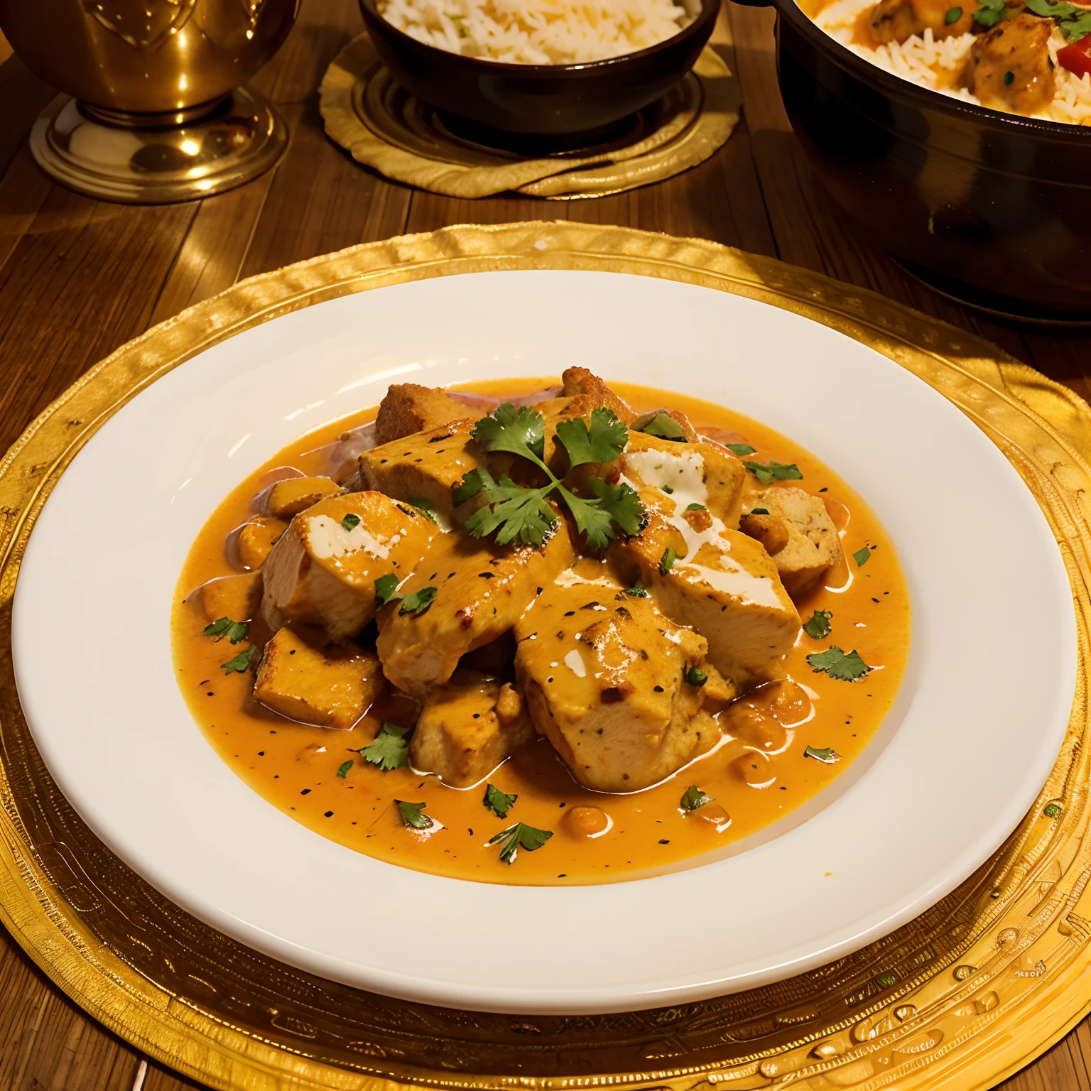 Generate a highly realistic and appetizing image of a plate of butter chicken, the centerpiece of an Indian feast. The butter chicken should be in a rich, creamy tomato-based sauce with tender, perfectly cooked chicken pieces. The dish should be garnished with fresh coriander leaves, and there should be a side of fluffy naan bread and a small bowl of fragrant basmati rice on the same table. Ensure that the image captures the vibrant colors, textures, and flavors of this classic Indian dish, making it irresistibly tempting to anyone who views it