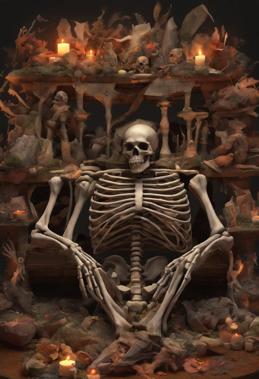 (Horror) a close up of a skeleton with hands on it's chest, rotting, death metal album cover, rotting flesh, dug stanat macabre art, in hell, they sit next to a pile of bones, dark goddess with six arms, piles of bones, pile of skulls under his feet, black metal album cover, rotten flesh, crown of bones