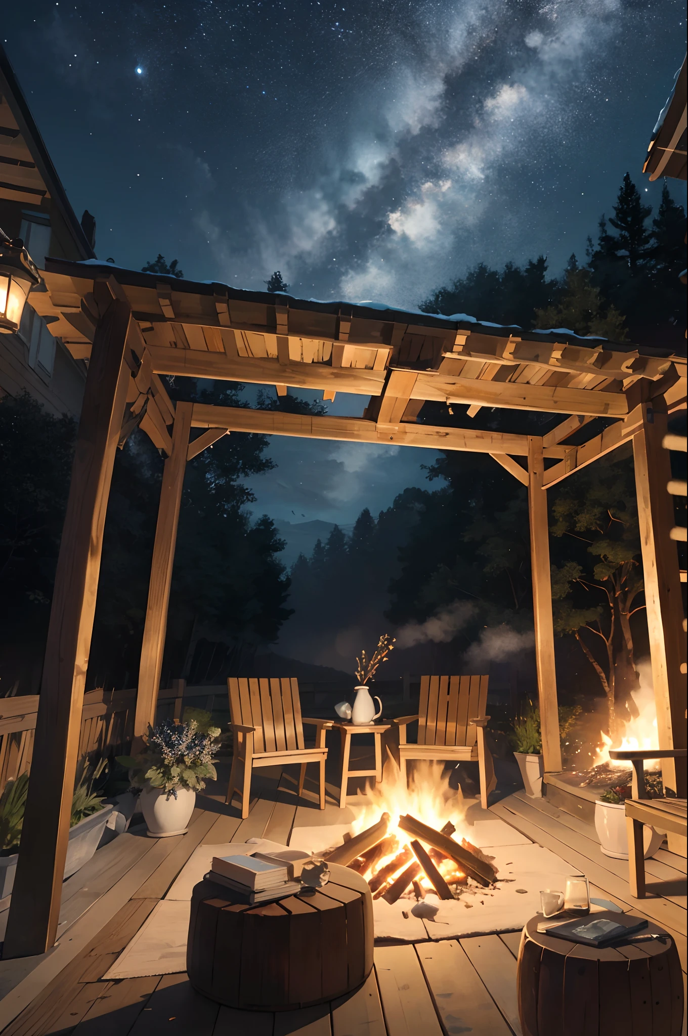 Immerse yourself in the magic of a winter's night where the sky is adorned with a tapestry of shimmering stars. Beneath this celestial display, a field of lush green unfurls, offering a sense of tranquility. Amidst this natural beauty, a crackling bonfire casts a warm, inviting glow, with comfortable chairs encircling it. Wooden coffee tables adorned with steaming mugs of comfort beckon you to unwind and savor the moment. The air is filled with the aroma of contentment, where the elements of nature and human coziness intertwine in a breathtaking and serene tableau."