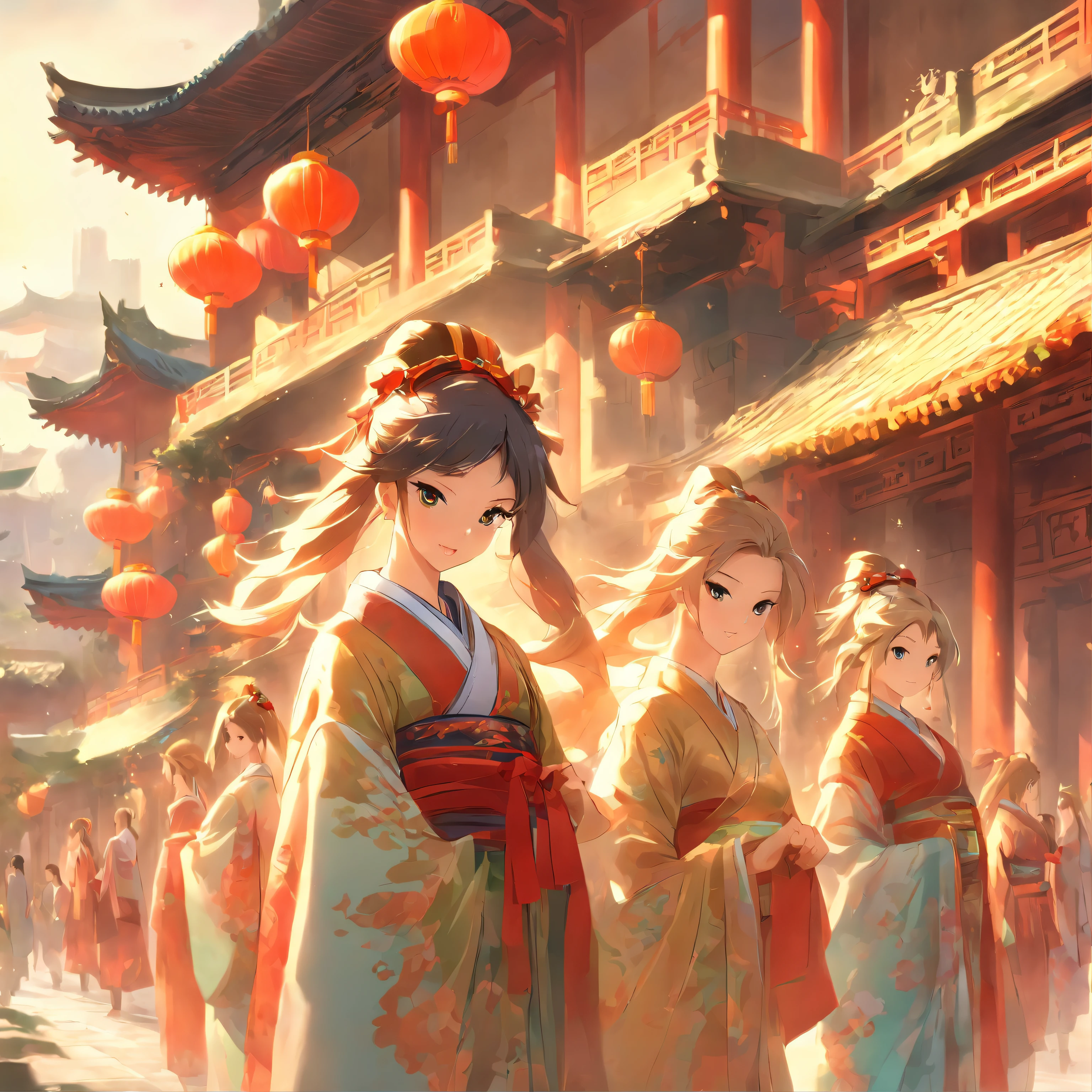 In the daytime,A group of women shopping,Chinese ancient style,The background is an ancient building