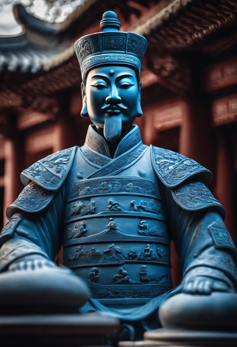 Blue and white porcelain,Ceramic material，terracotta warriors，anaglyph，petals，artwork of a，Ornaments， high detail,3D， Chiaroscuro, Cinematic lighting, god light, Cinematic lighting, hyper HD, High details, Best quality, A high resolution, Textured skin