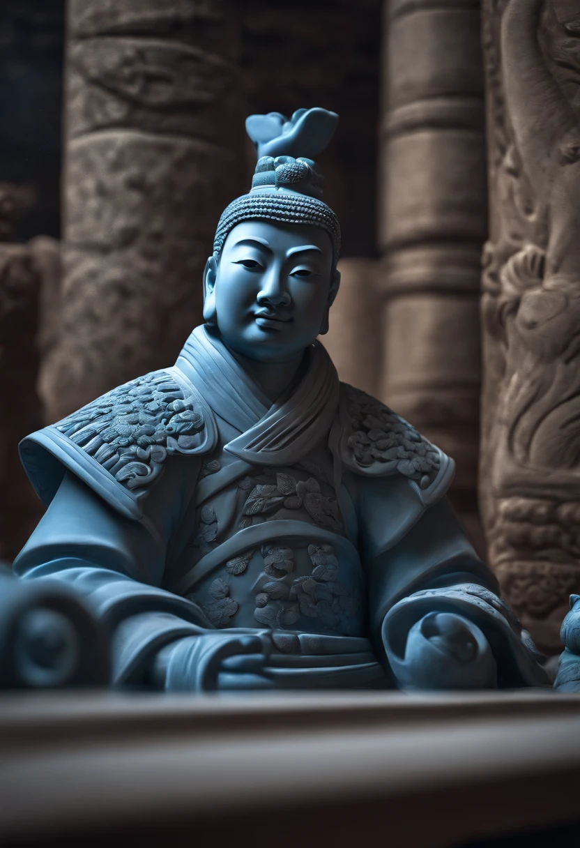 Make a Renaissance sculpture of Nezahualcoyotl , with Aztec and Chinese features, in the background a museum, HD, great detail, reality, Photography