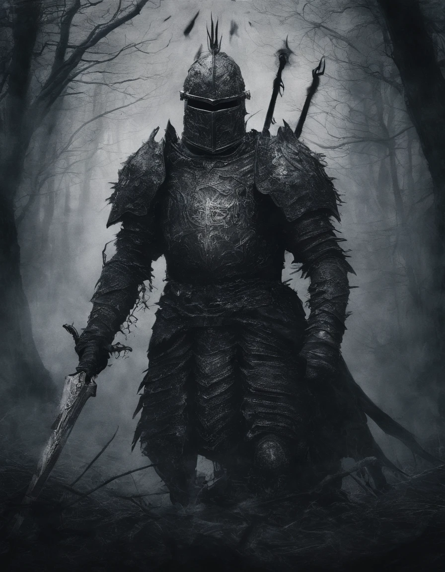 A fearsome warrior knight, Schnee, Kosmische Asche, artistic, kompliziert, psicodelic, episch