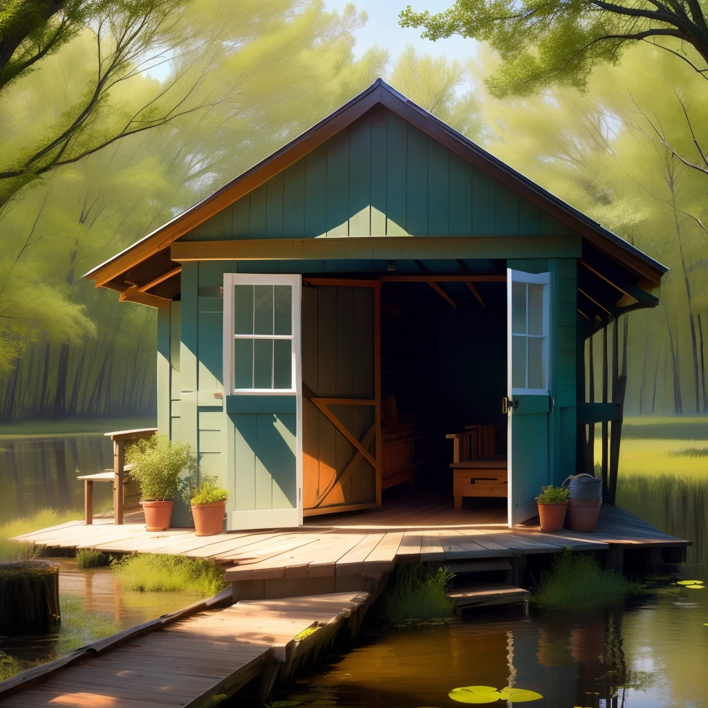 Gambrel roof shed in Louisiana swamp