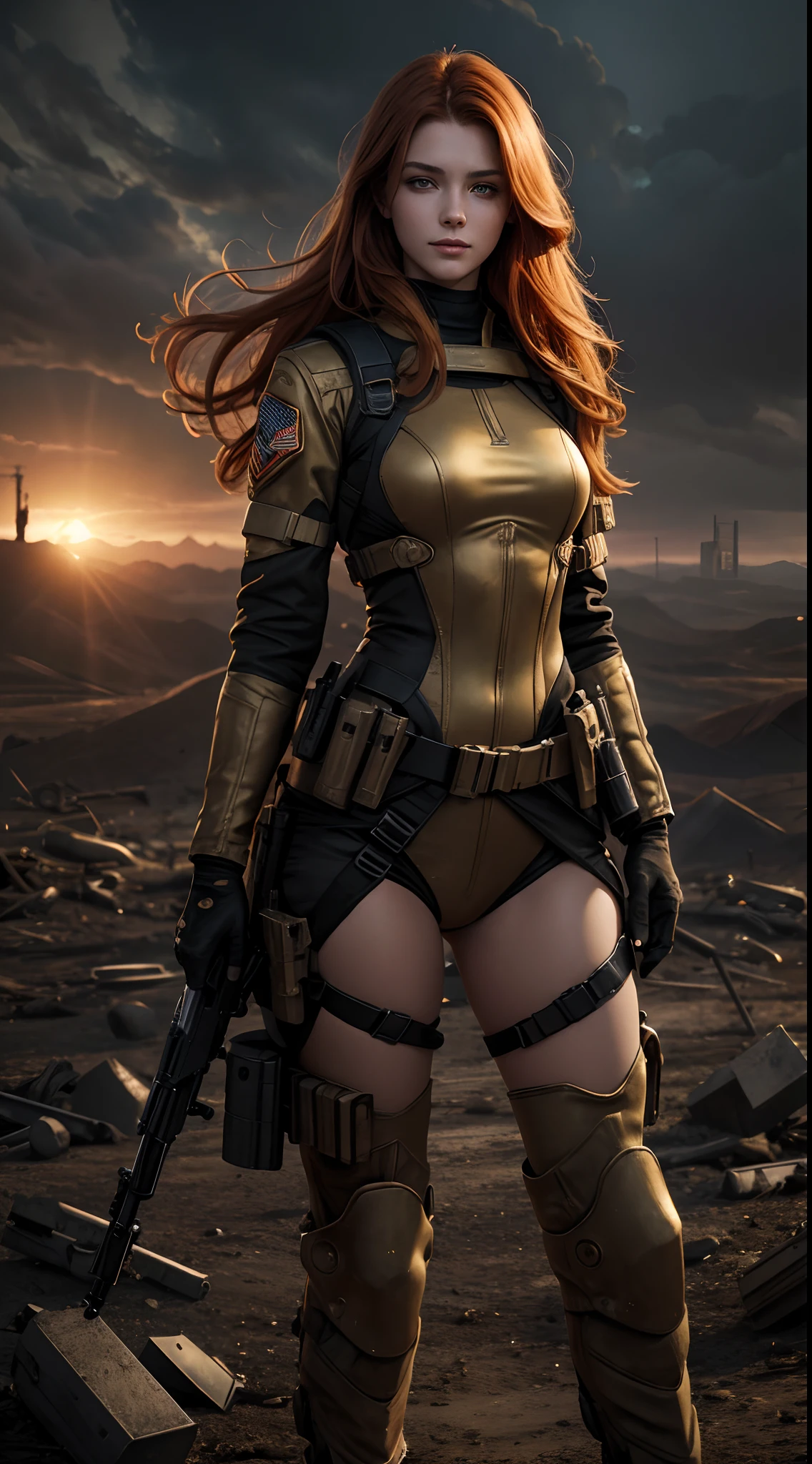 Masterpiece, red haired woman, 18 years old, wearing gold leotards, red belt, boots, holding a laser rifle, view from behind, on rocky terrain, realistic