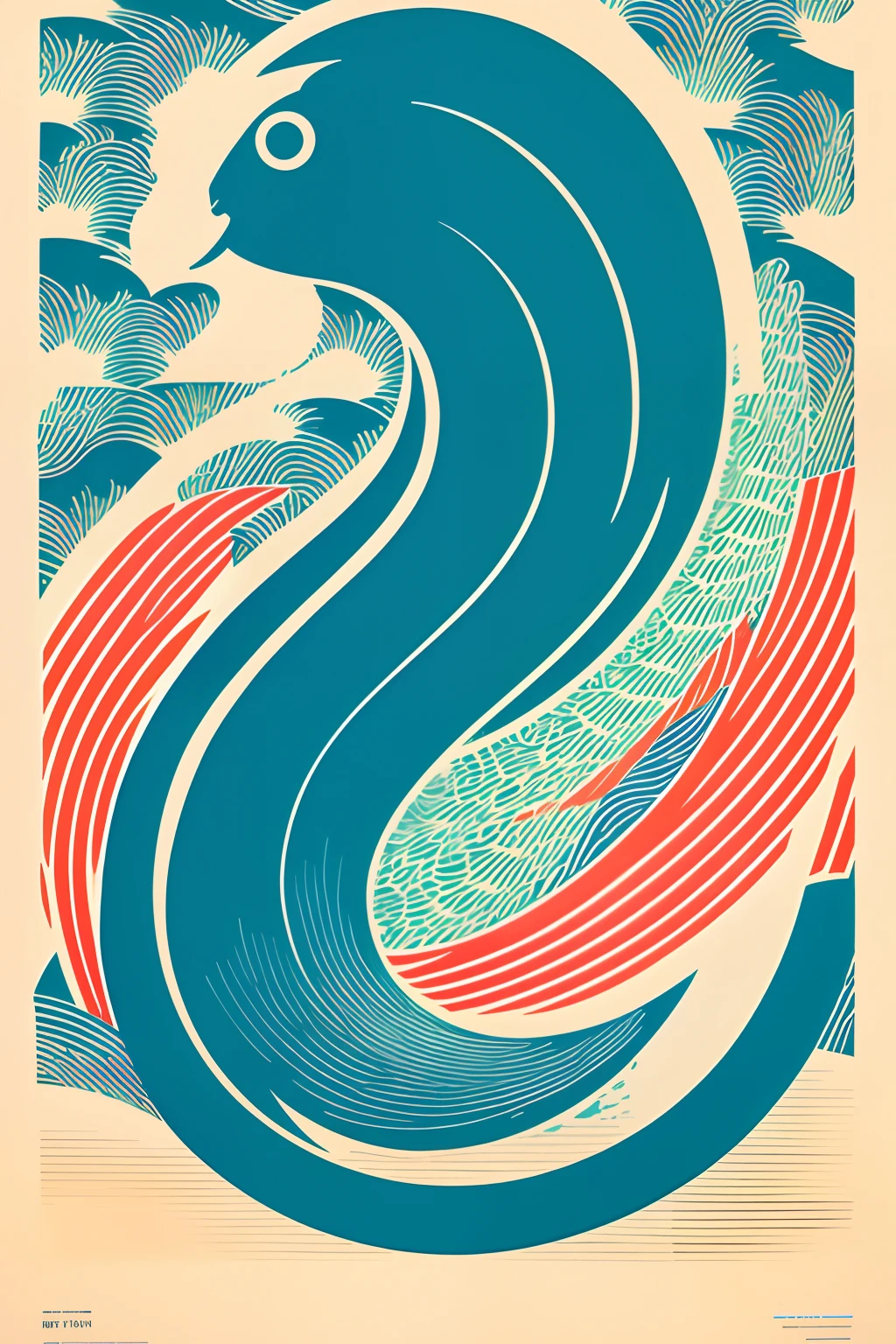 Poster close-up,There is a fish on it, victo ngai fine texture, Shepherd fairy style, Japanese inspired poster, victo ngai style, Screen printed poster, Poster illustration, an illustration of inspired by Victo Ngai, 3-color screen printing, victo ngai! pastel colour, japanese woodblock print style, (screen print), print!
