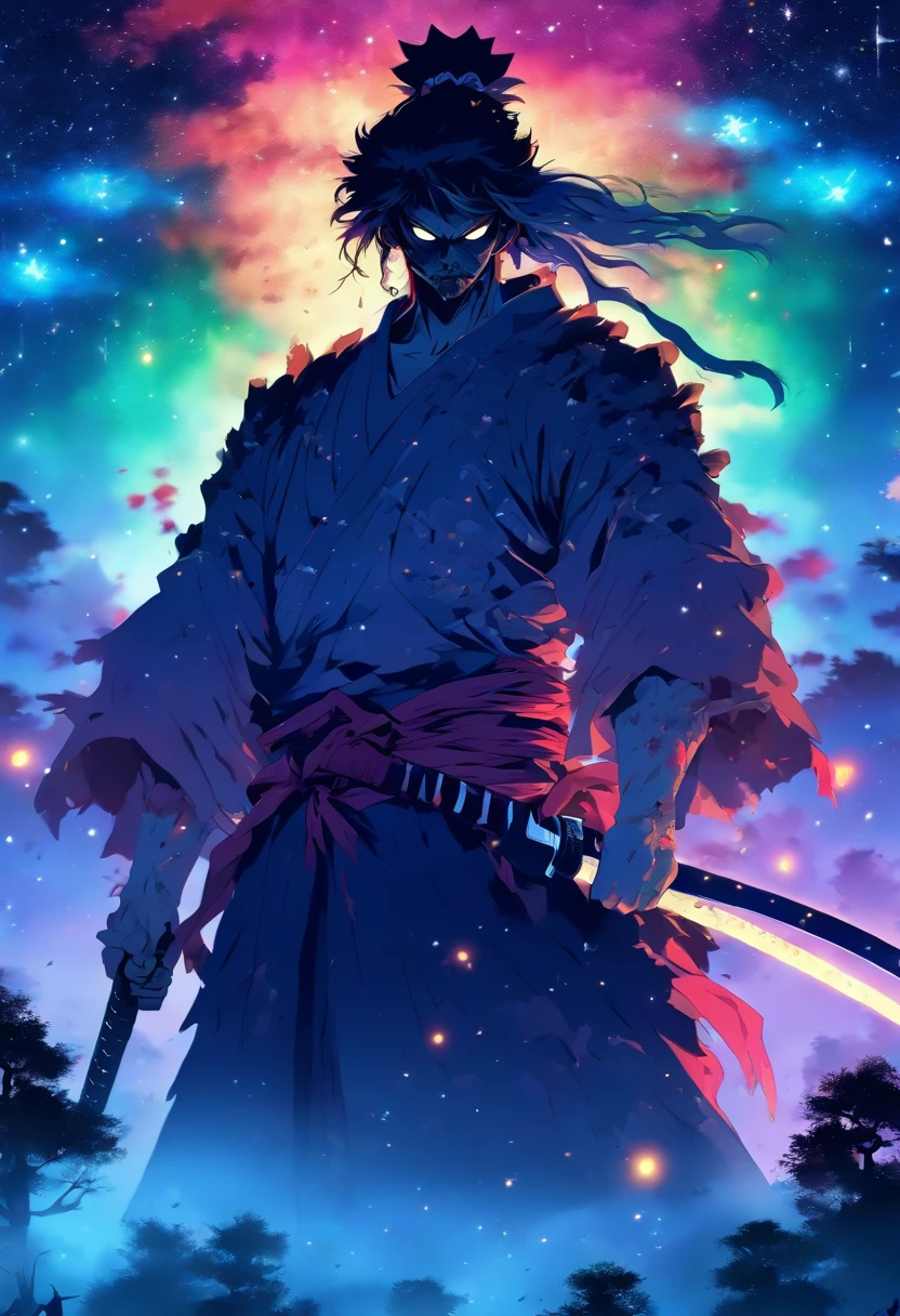 Draw zombie samurai holding a katana, Starry skies and mist shroud the landscape.