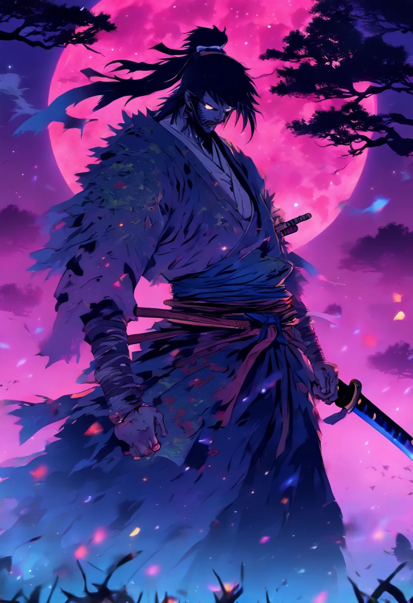 Draw zombie samurai holding a katana, Starry skies and mist shroud the landscape.