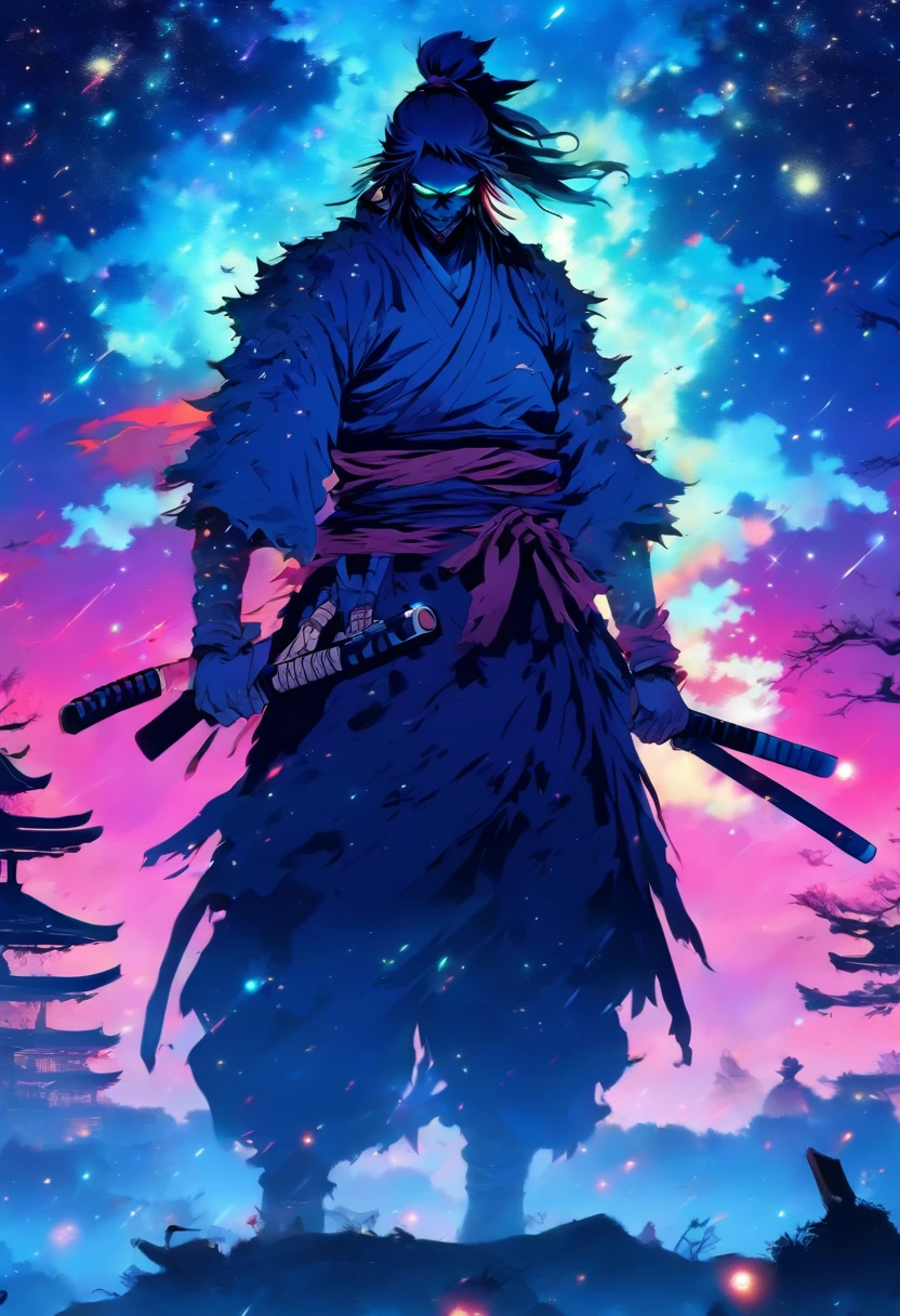 Draw zombie samurai holding a katana, Starry skies and mist shroud the landscape.