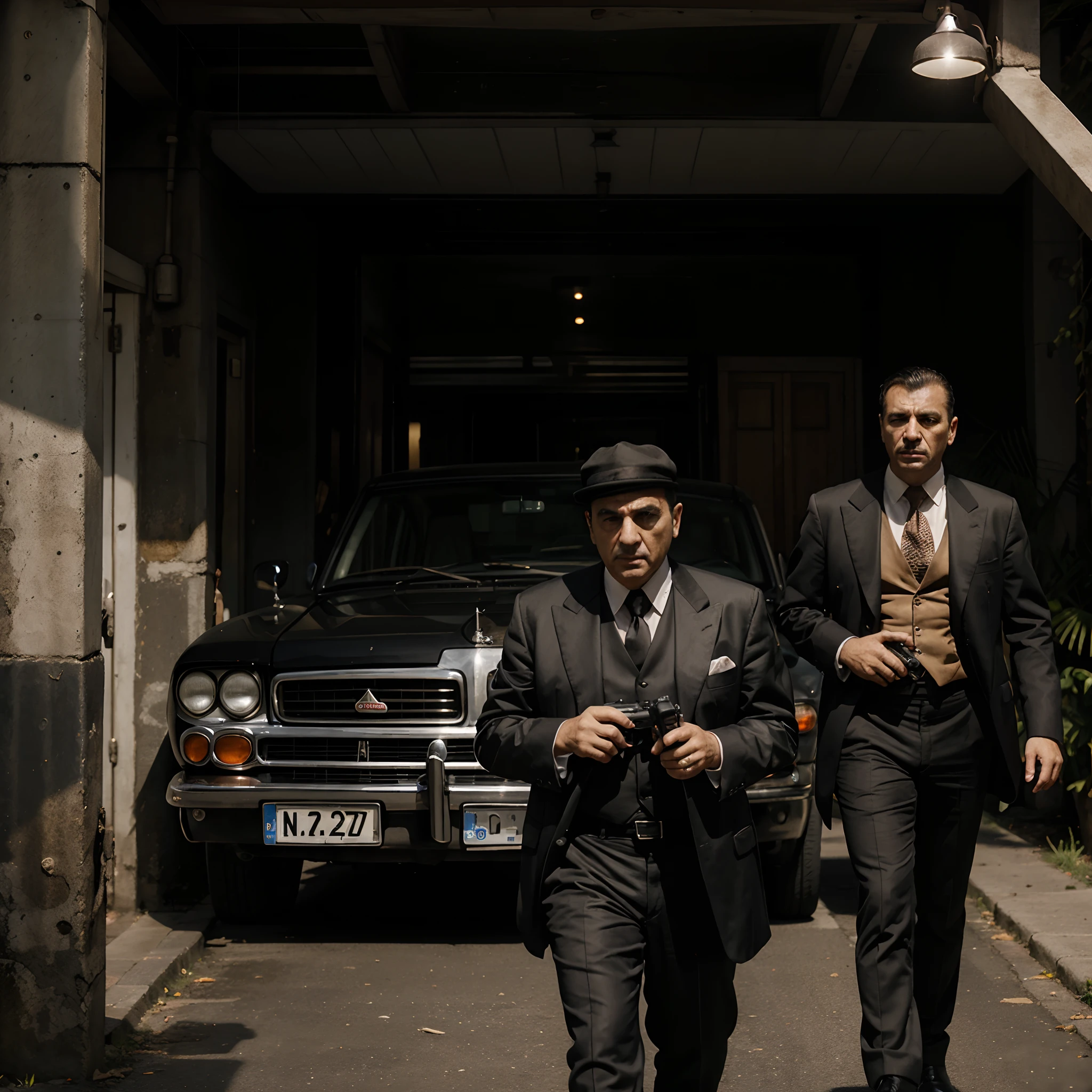 Mafia boss with gun with his men with car's