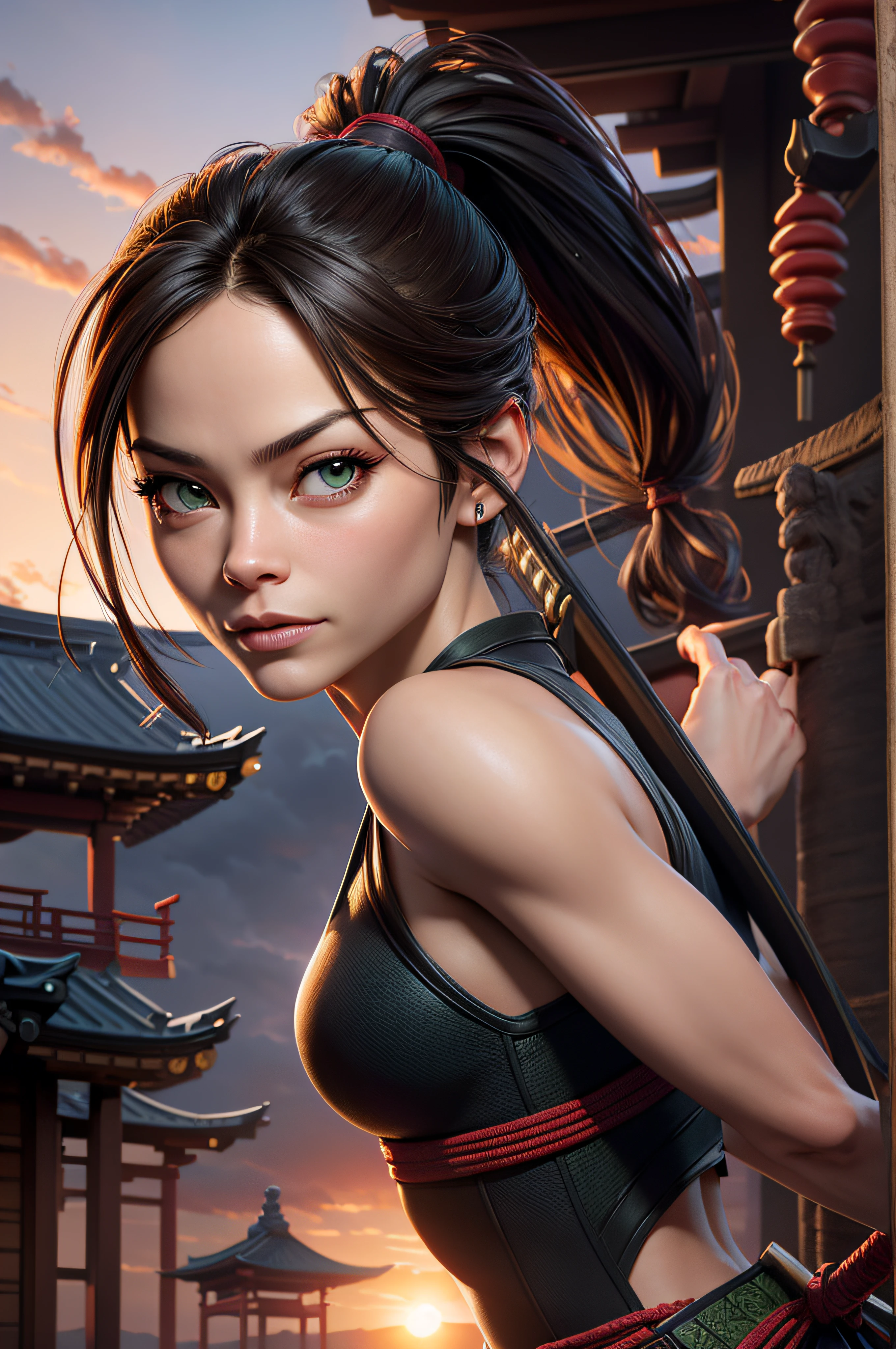 beautiful girl,holding nunchucks in her hands, sunset dance, stylization,16K,hyperdetalization