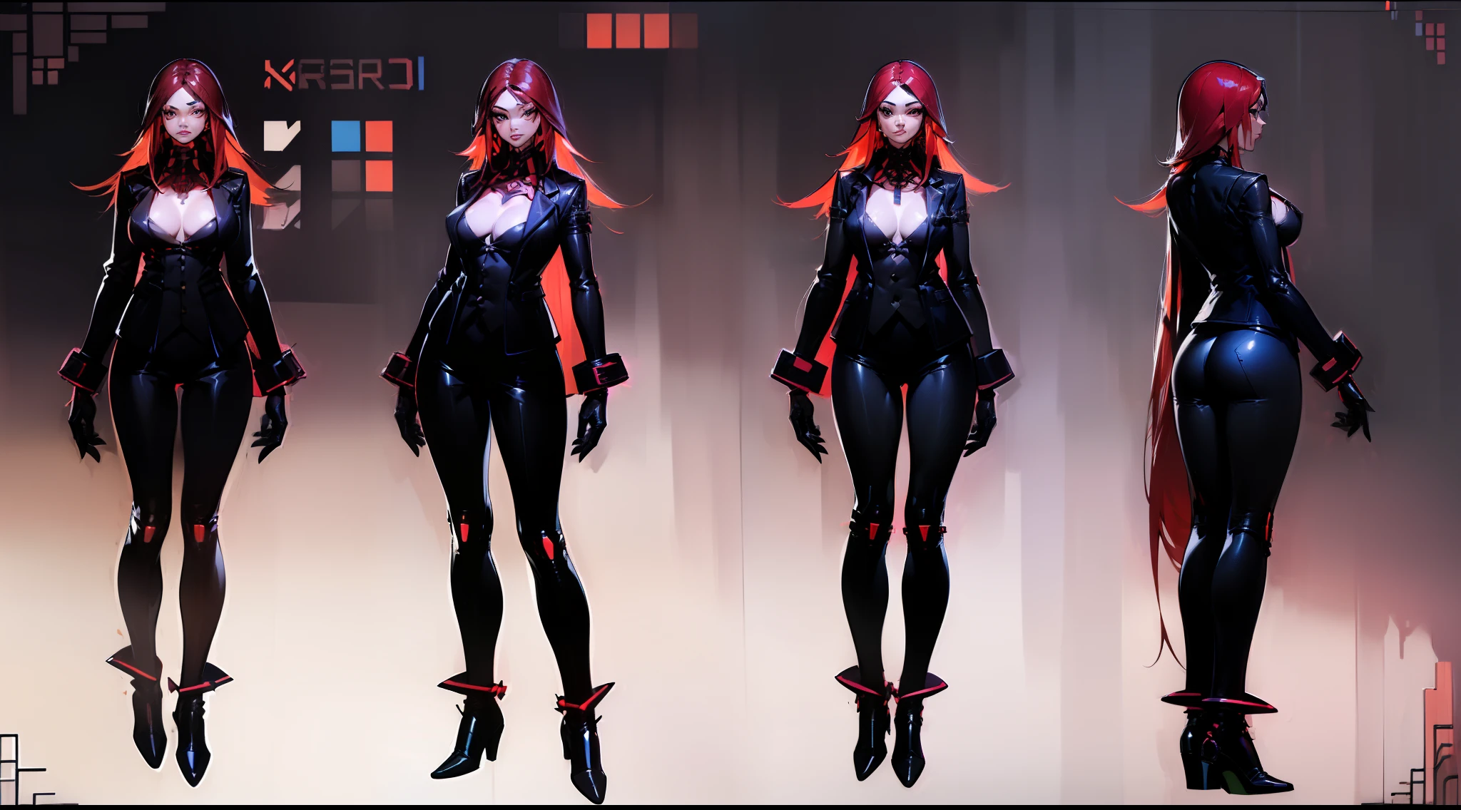 (CHARACTERSHEET:1.5), (Reference sheet with multiple face shots:1.5), cyberpunk, tall and slim businesswoman, fair skin, (((ornate black office suit))), ornate business pants, tiny breasts, (modest cleavage), ((((cyber glove)))), ((very long vibrant red straight hairs)), stylish work boots, no belly, masterwork, (detailled face:1), ((closed business vest))