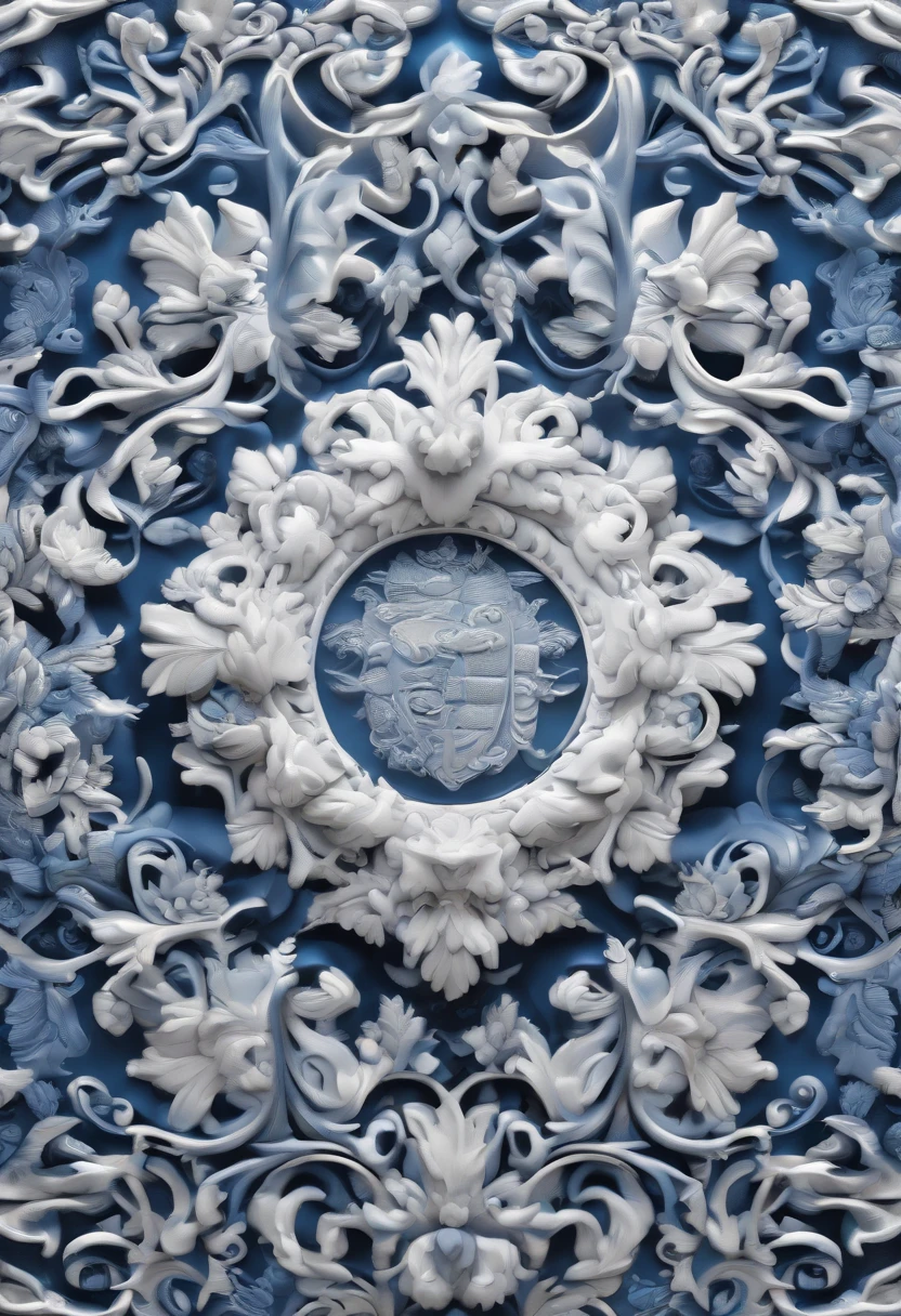 Blue and white porcelain,Ceramic material,Samsung heap,anaglyph,artwork of a,Ornaments, high detail,3D, Chiaroscuro, Cinematic lighting, god light, Cinematic lighting, hyper HD, High details, Best quality, A high resolution, Textured skin