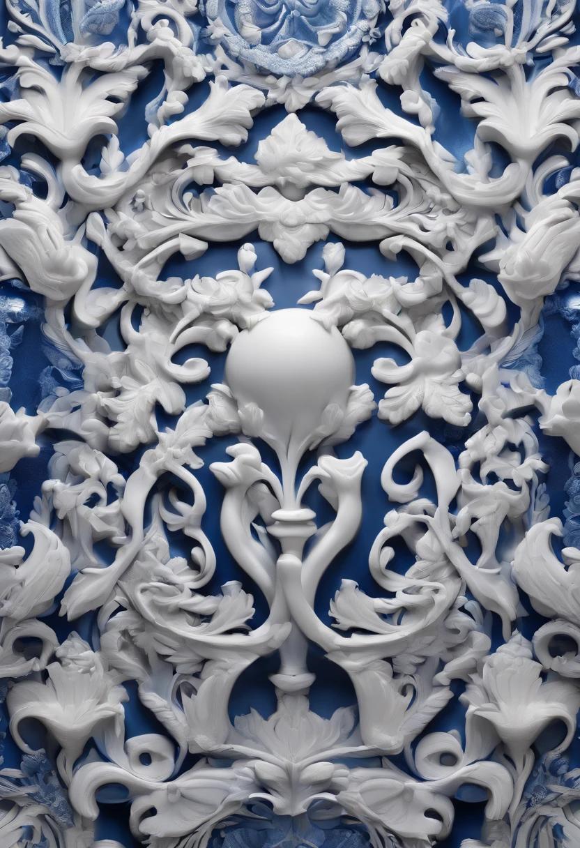 Blue and white porcelain,Ceramic material,Samsung heap,anaglyph,artwork of a,Ornaments, high detail,3D, Chiaroscuro, Cinematic lighting, god light, Cinematic lighting, hyper HD, High details, Best quality, A high resolution, Textured skin