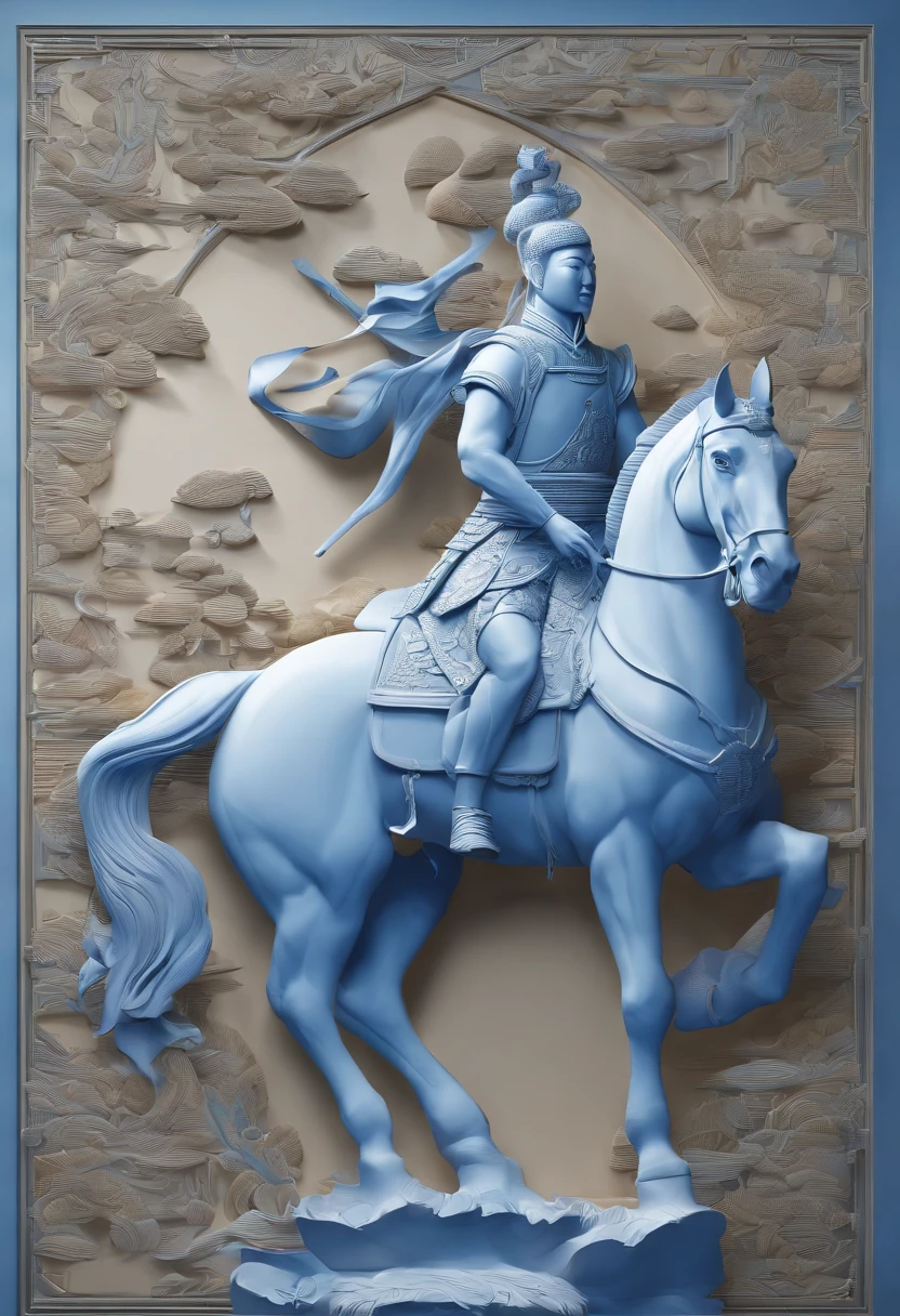 Blue and white porcelain,Ceramic material,terracotta warriors,anaglyph,petals,artwork of a,Ornaments, high detail,3D, Chiaroscuro, Cinematic lighting, god light, Cinematic lighting, hyper HD, High details, Best quality, A high resolution, Textured skin
