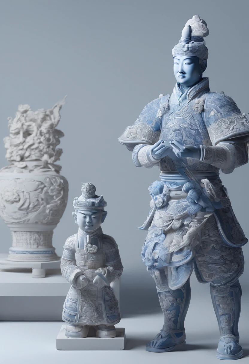 Blue and white porcelain,Ceramic material，terracotta warriors，anaglyph，petals，artwork of a，Ornaments， high detail,3D， Chiaroscuro, Cinematic lighting, god light, Cinematic lighting, hyper HD, High details, Best quality, A high resolution, Textured skin