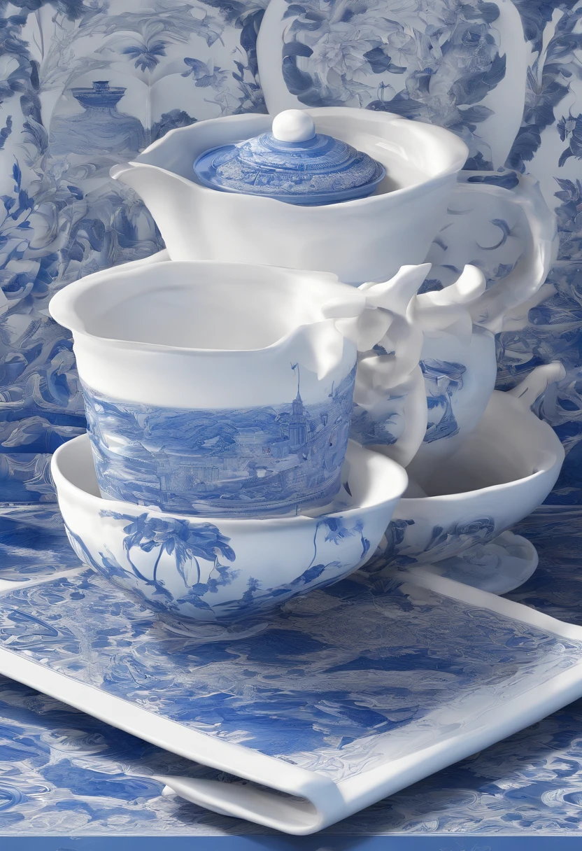 Blue and white porcelain,Ceramic material，holding cup，On a table，anaglyph，chinse landscape，artwork of a，Ornaments， high detail,3D， Chiaroscuro, Cinematic lighting, god light, Cinematic lighting, hyper HD, High details, Best quality, A high resolution, Textured skin