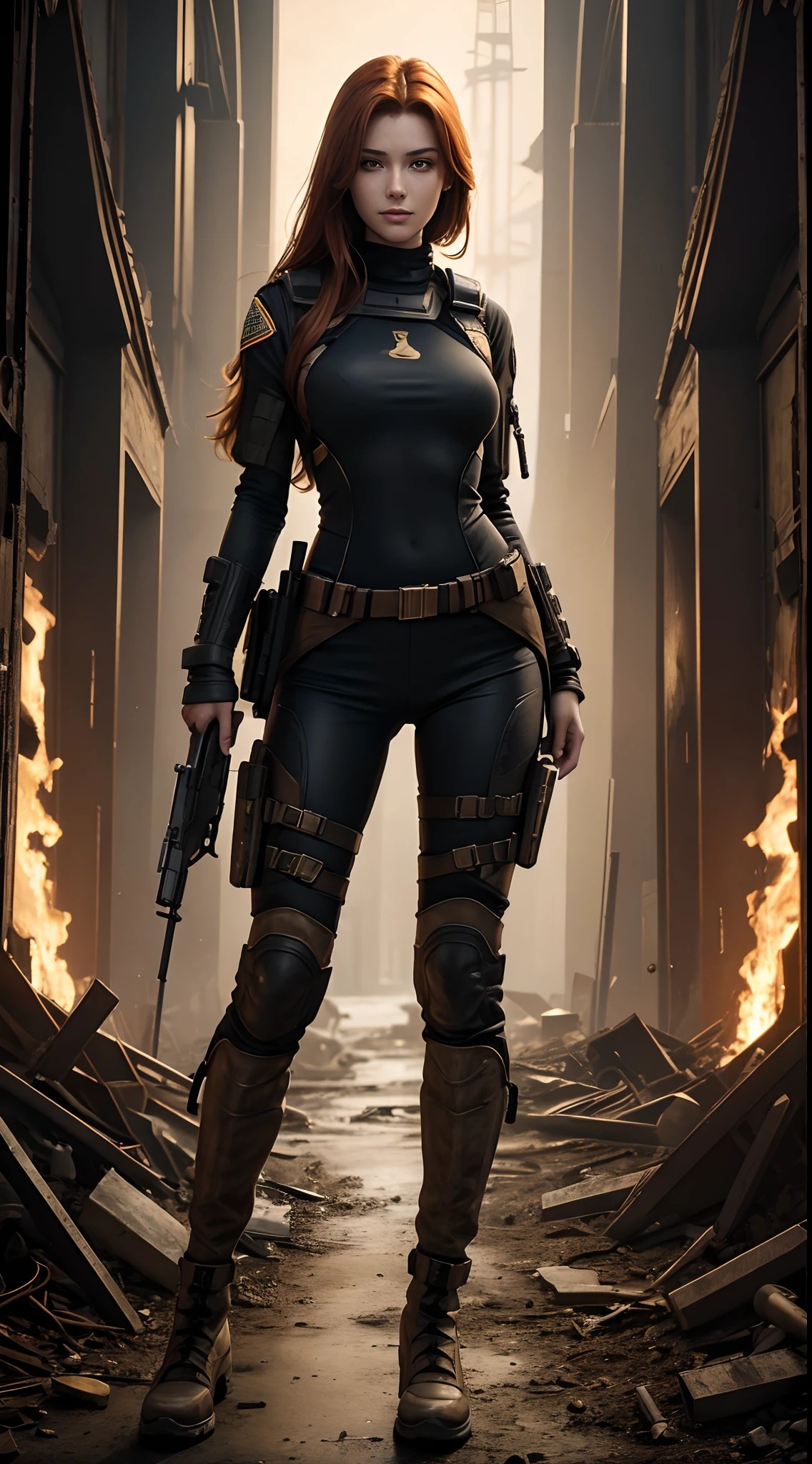 Apocalyptic Deep Artwork, Everything in detail, Highest image quality, 8k, Perfect panoramic composition: Full body 1 beautiful 20-year-old woman, 8K Detailed Golden Ratio Face, beautiful auburn hairstyle, beautiful 2-eyelid eyes, Smiling Chi, Standard body shape, handgun handle, sexy sexy American soldier outfits.