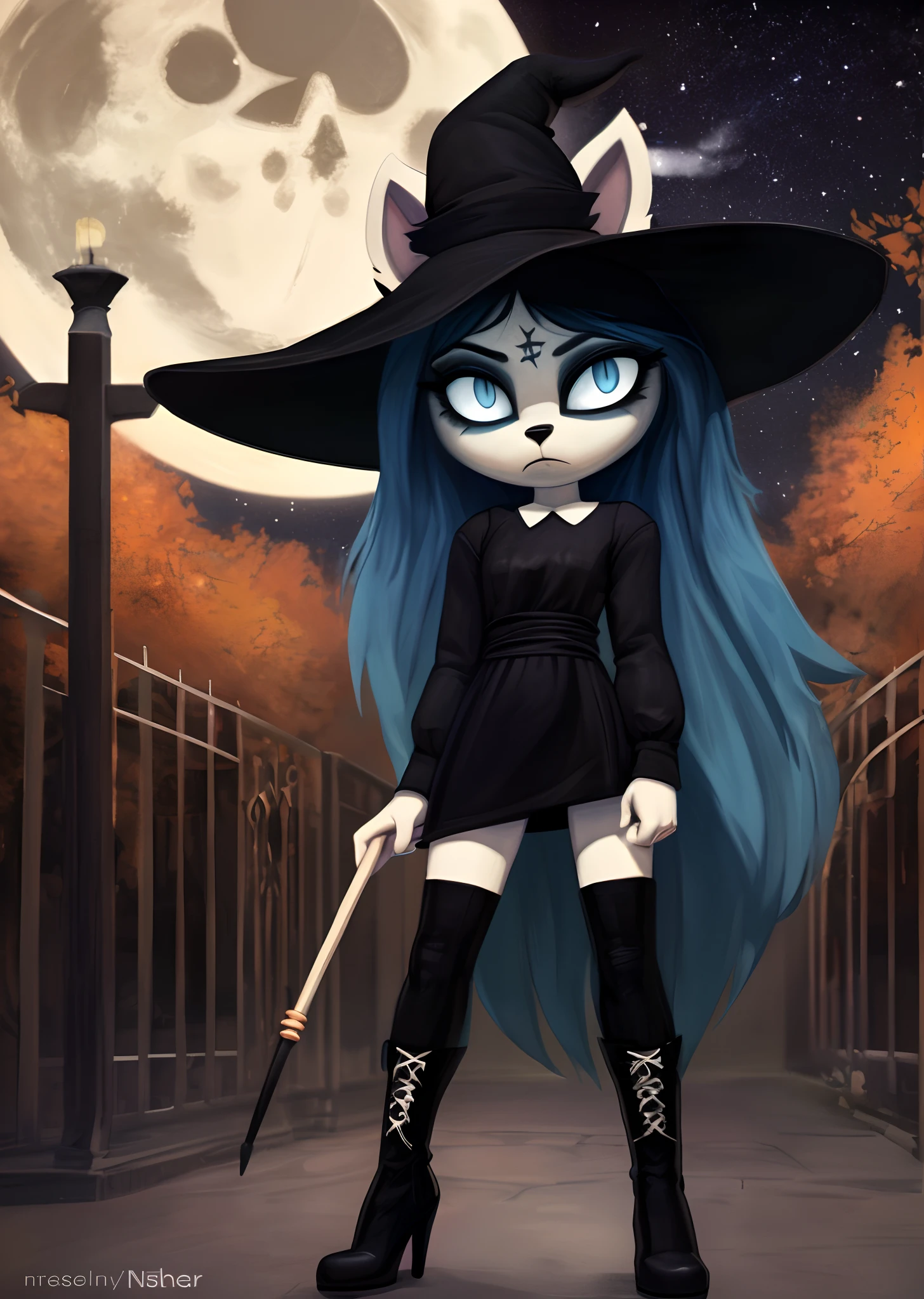 [Claire (the summoning)], [Uploaded to e621.net; (Pixelsketcher), (wamudraws)], ((masterpiece)), ((solo portrait)), ((front view)), ((full body)), ((furry; anthro)), ((detailed fur)), ((cel shading)), ((detailed shading)), ((beautiful render art)), {anthro, (slim figure), white fur, black nose, long blue hair, glowing blue slit eyes, (expressionless), (hair flowing in wind), (dress flowing in wind)}, {(black robe), (shorts sleeves), (black witch hat), (goth boots), (heels)}, {(standing), (holding wand), (looking at viewer)}, [background; (park), (jack-o-lantern), (starry sky), (full moon), (ambient lighting)]
