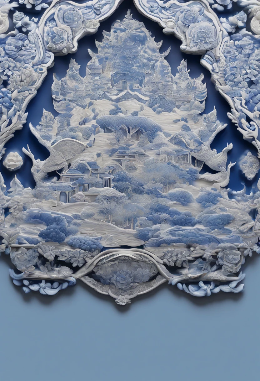 Blue and white porcelain,Ceramic material,Chinese style phone case,On a table,Embossed Chinese landscape,artwork of a,Ornaments, high detail,3D, Chiaroscuro, Cinematic lighting, god light, Cinematic lighting, hyper HD, High details, Best quality, A high resolution, Textured skin