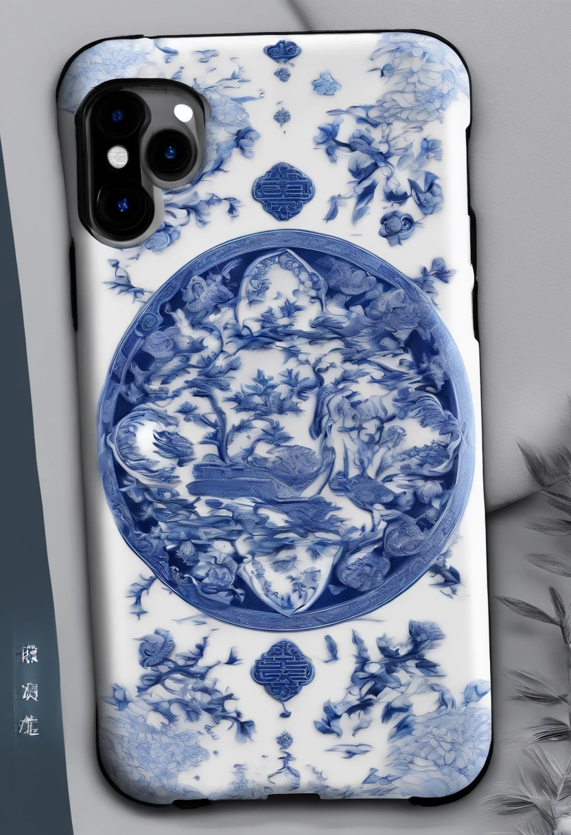 Blue and white porcelain,Ceramic material,Chinese style phone case,On a table,Embossed Chinese landscape,artwork of a,Ornaments, high detail,3D, Chiaroscuro, Cinematic lighting, god light, Cinematic lighting, hyper HD, High details, Best quality, A high resolution, Textured skin