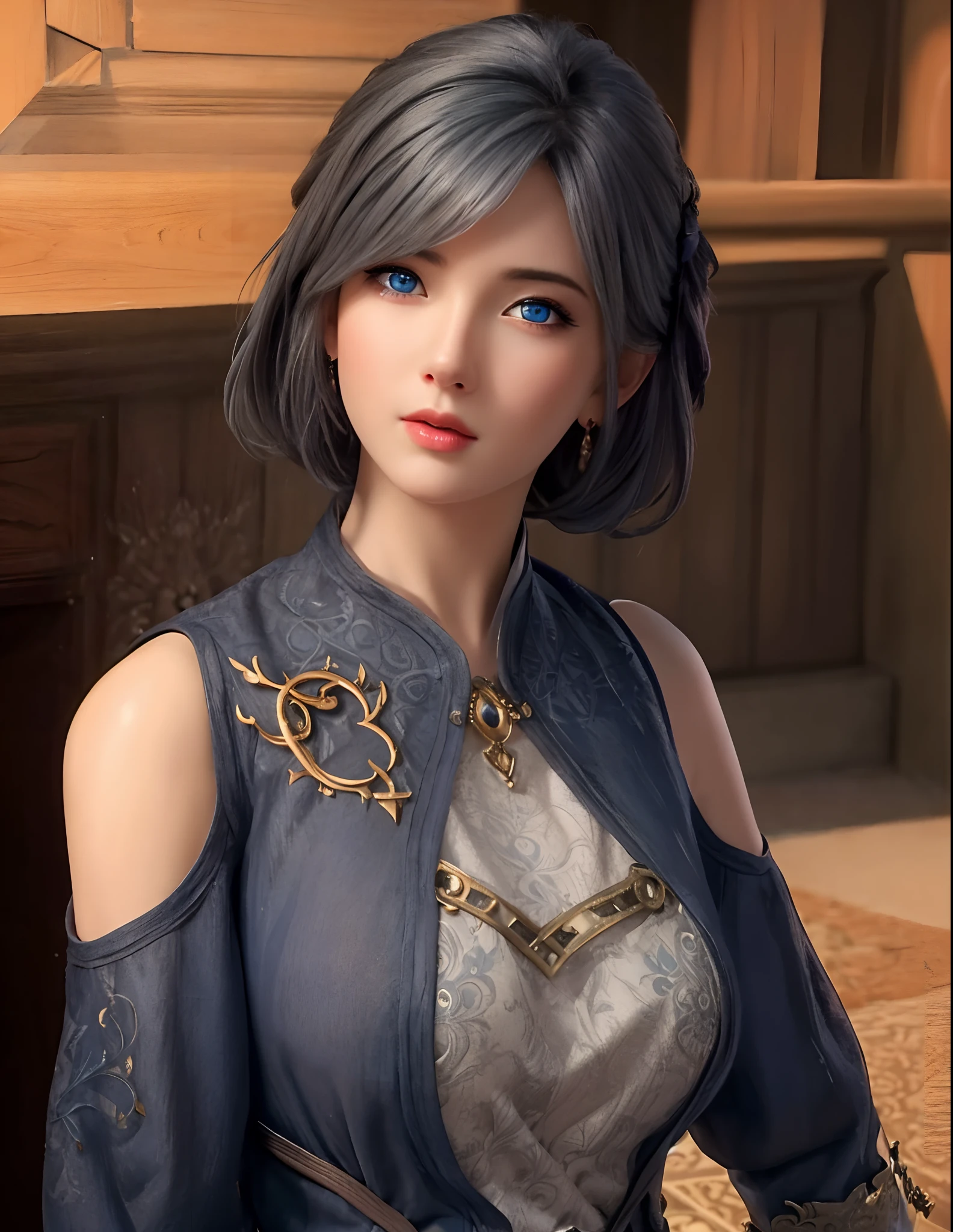 (hyperrealistic), (illustration), (high resolution), (8K), (extremely detailed), (best illustration), (beautiful detailed eyes), (best quality), (ultra-detailed), (masterpiece), (wallpaper), (photorealistic), (natural light), (rim lighting), (detailed face), (high detailed realistic skin texture), (anatomically correct), (solo), (1 girl), (high detailed realistic hair), (bluish gray hair:1.35), (heterochromic eyes), (detailed eyes), (blue eyes:1.37), (sparkling eyes), (realistic big breasts:1.5), (exposed breasts:1.35), (long legs), (slender abs), (dynamic pose), (closed tiny mouth:1.3), nsfw, concentrated expression.