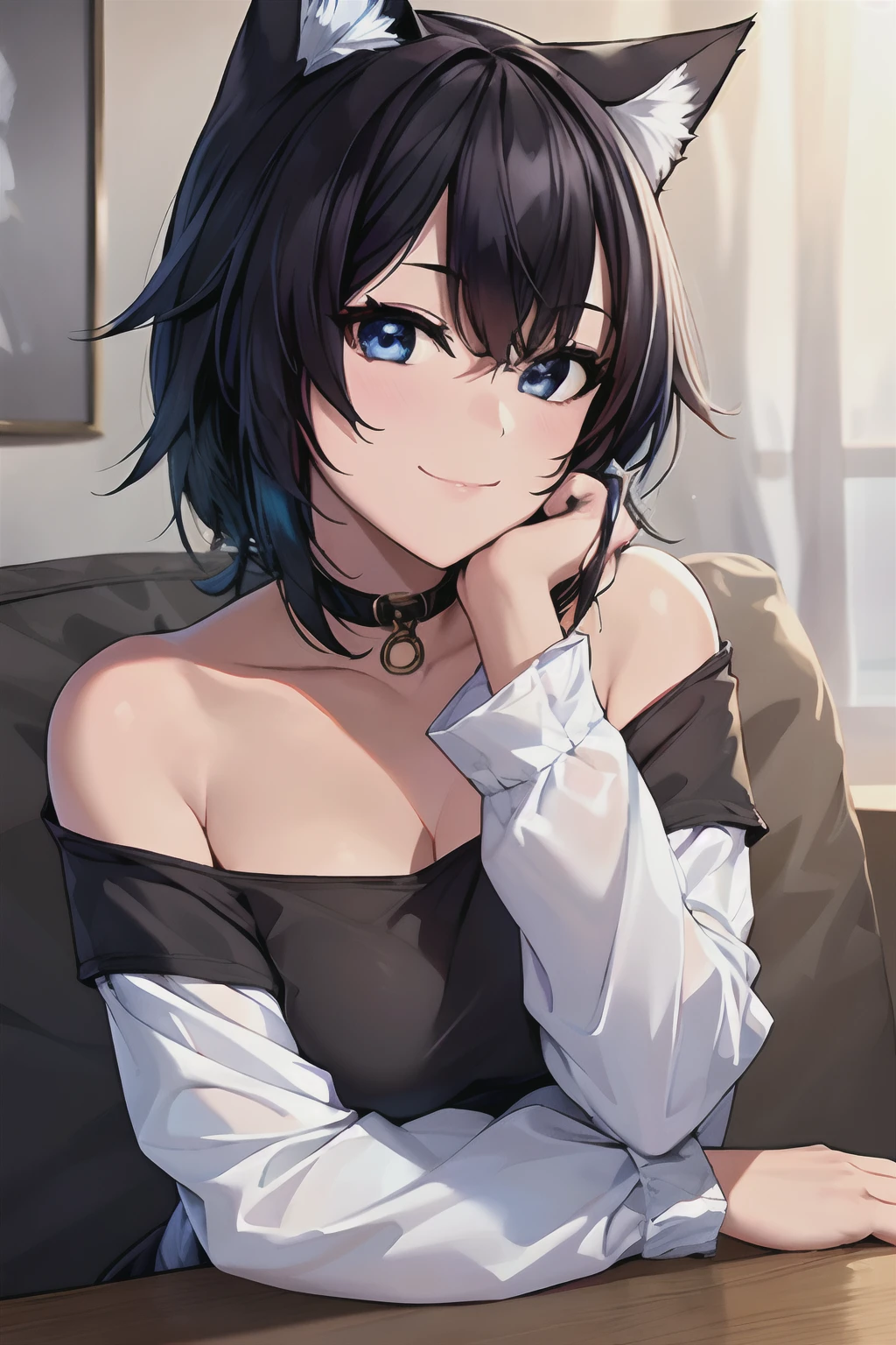 (best quality,4k,8k,highres,masterpiece:1.2),ultra-detailed,realistic:1.37,portrait,girl,neko,woman,beautiful detailed eyes,beautiful detailed lips,extremely detailed eyes and face,longeyelashes,black hair,blue streak,radiant smile,gentlely resting hand under chin,engagingly making eye contact with viewer,vivid colors,soft lighting,fantasy style,delicate skin,soft shadows,playful expression,colorful background,subtle makeup