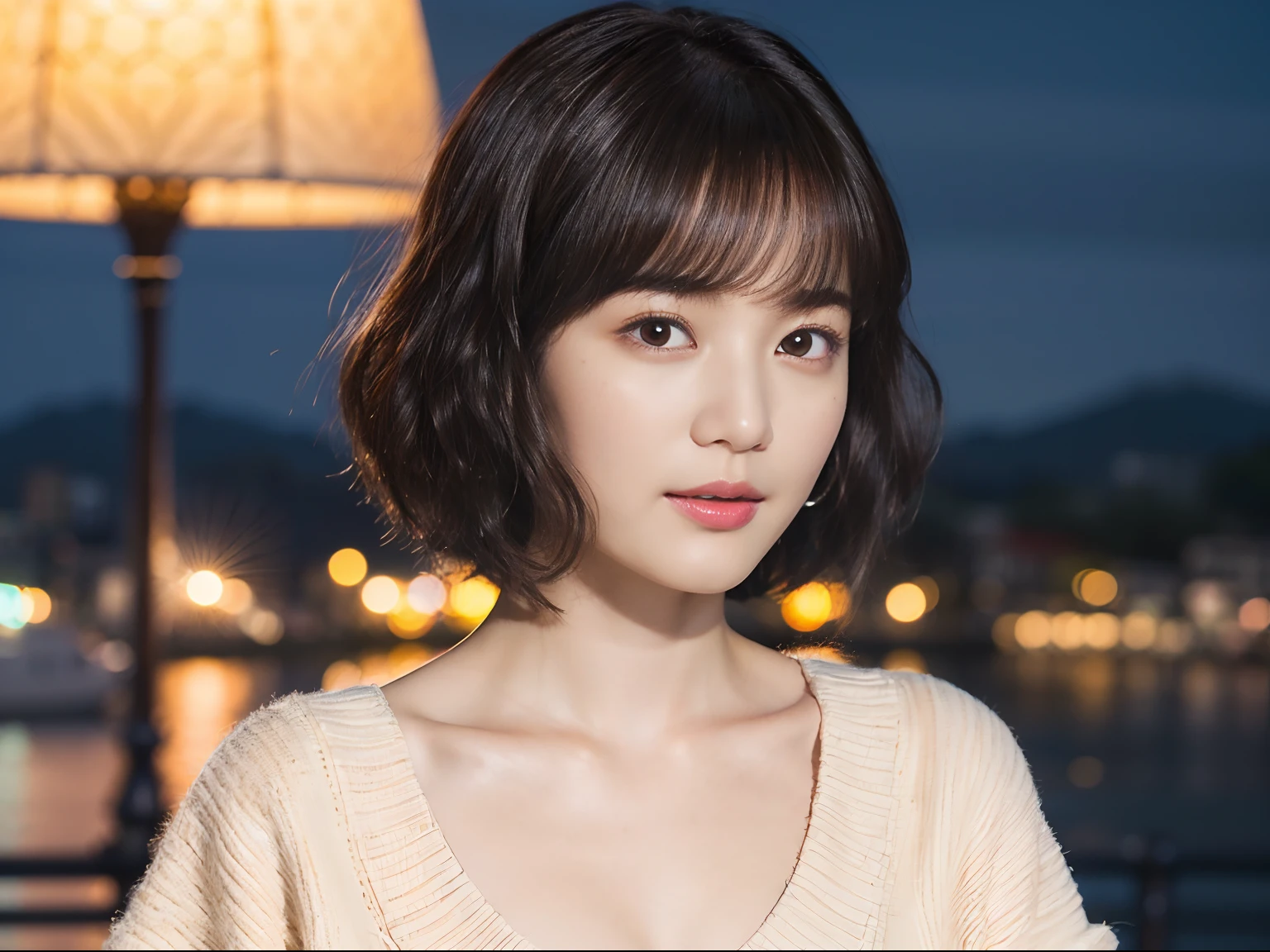 41
(Airy wavy short bob cut:1.23), (a 25yo woman), (A hyper-realistic), (masutepiece), (8KUHD), Being in the harbor at night, Medium chest