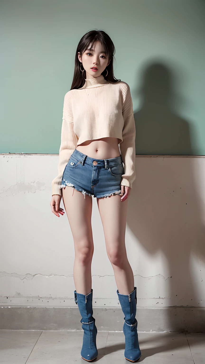 Slender Asian girl, Kpop Idol, ((gymnast)), ((of the highest quality, 8K, masutepiece: 1.3)), Crisp focus: 1.2, Beautiful woman with perfect figure: 1.4, Highly detailed face and skin texture, Detailed eyes, skinny, Beautiful face, Symmetrical face, full-length, ((wide open abdomen))、((open abdomen))、((wide open navel))、((open navel))、((Bare belly))、((Mid-Riff Sweater))、((Ultra-low rise、Denim Mini Skirt))、 ((Navel Ejection))、((small hips))、((Full body depiction))、((small  hip))、(boots)、((Ultra-low rise))、 ((Denim Mini Skirt))、((is standing))、