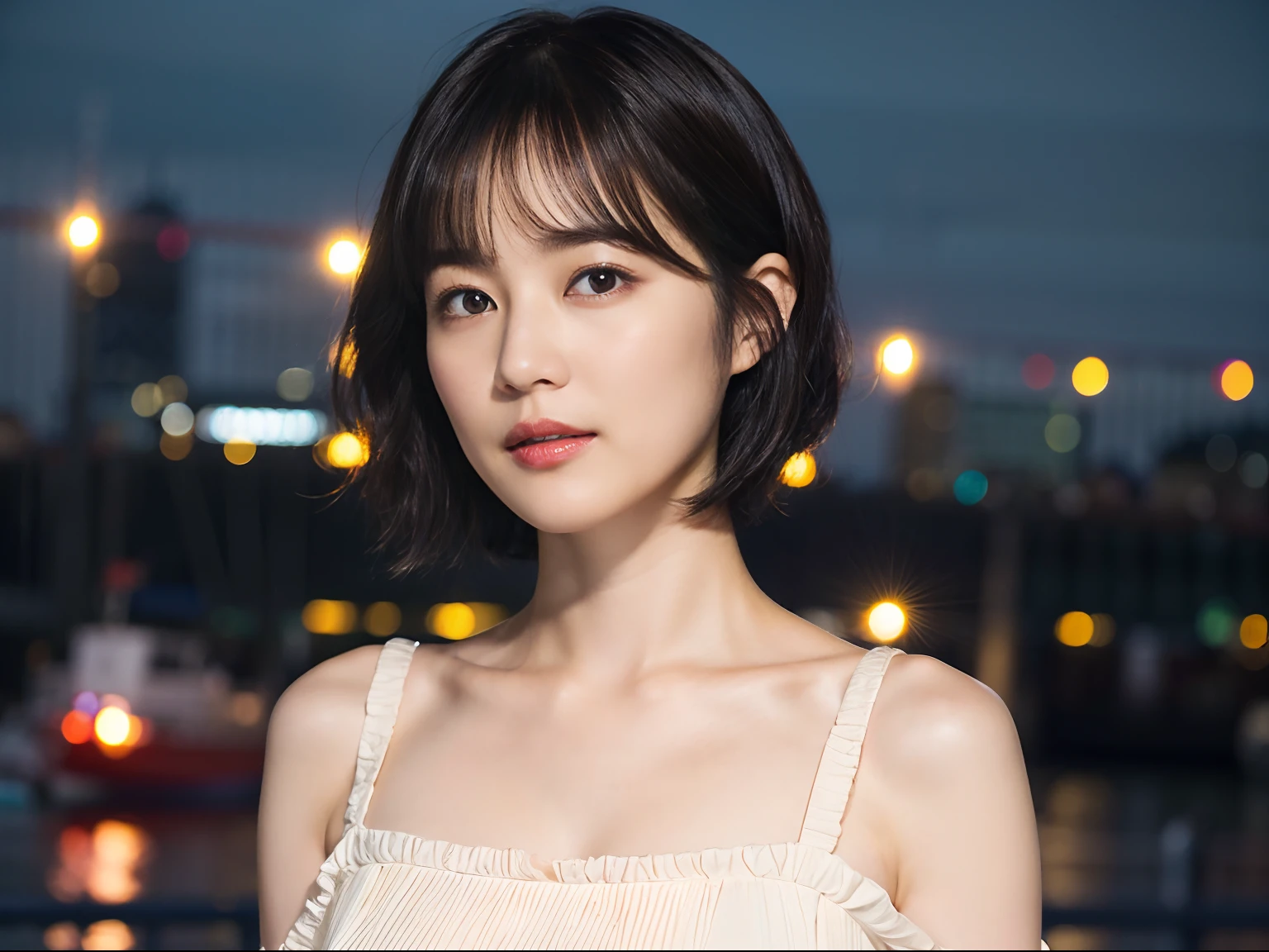 (8k、RAW Photos、highest quality、masterpiece:1.2)、(Realistic、Realistic)、1 Japanese girl、(Short hair)、((Black Hair))、((White Lingerie))、((Petite Woman))、(((Big Breasts)))、Lots of eyelashes、Glowing eyelids、skeletally correct