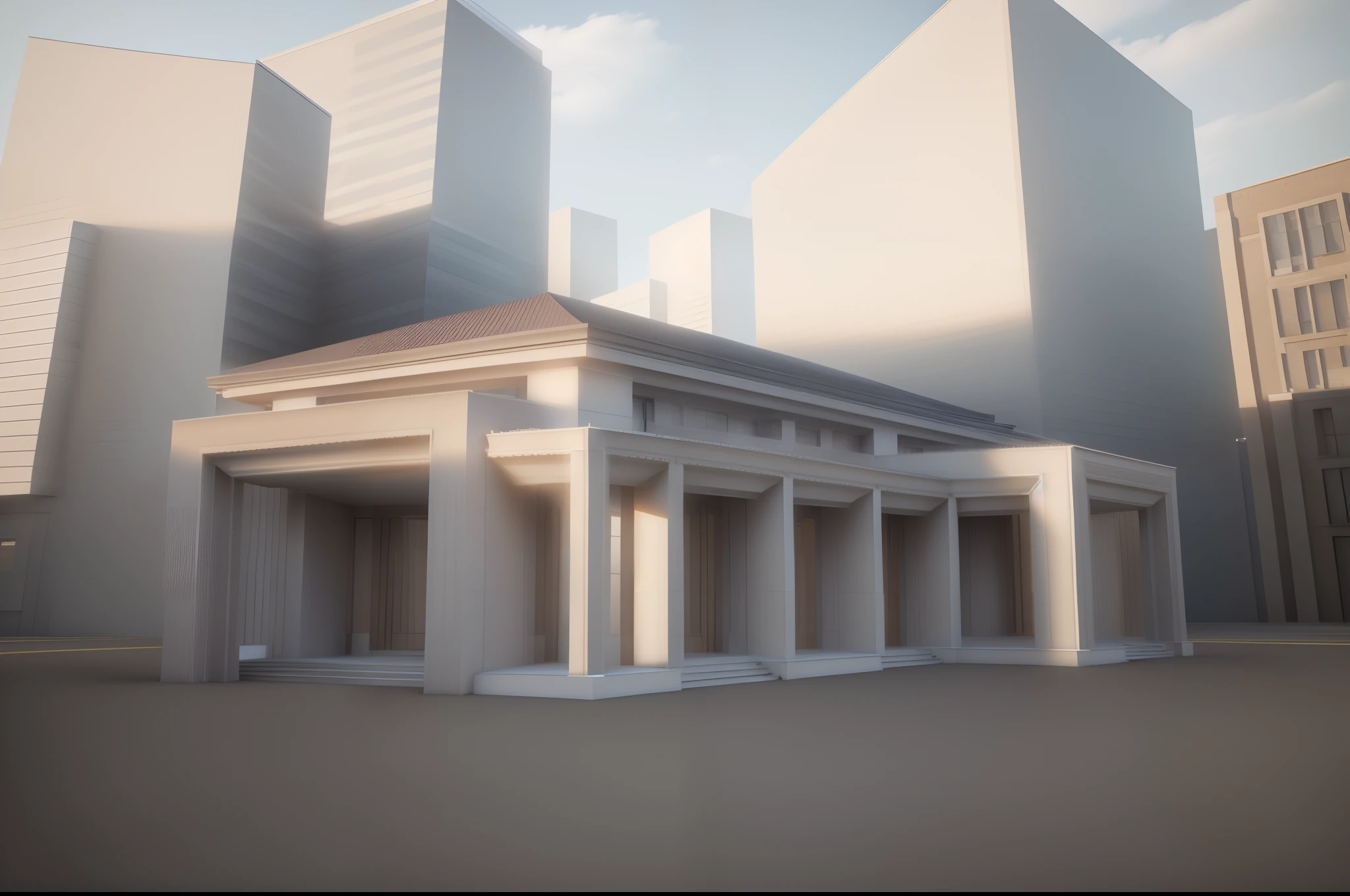 there is a drawing of a building with a clock on the front, front perspective, 3/4 view realistic, frontview, front-view, architectural concept, front side view, perspective view, with 3 d render, 3d rendering, 3 d rendering, with 3d render, 3 d perspective, 3 / 4 view, 3/4 view