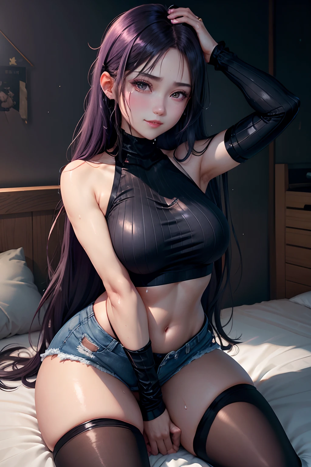 Jersey material is cotton、A slight smil、Transcendent beauty、Dark Gothic Makeup、Sweat glitters on my face、Sweat glitters on my thighs、The whole body is shiny with sweat.、Long hair straight hair、Purple hair、Transcendent cute face、Sit up、a bed、sprawl、Dark black knee-high socks、Dark Black Thigh Socks、Dark blush、masutepiece、8K、dark black eye shadow、24 year old、wretched、Sticky shiny thighs、Sweat a lot all over your body、chies、Too large tops、Sweat shining generously on the thighs、A smile、Smile、Underwear black、Transcendent Denim Short、Denim length super short、Mini Hot Pants、Tight denim、Slender system、Stained glass background、boredom、Sad face、Sweat glistens on my face、Stop Close-up、Wearing a black bra、Slender figure、Bust size is C cup、3D、Wear the Adidas jersey、