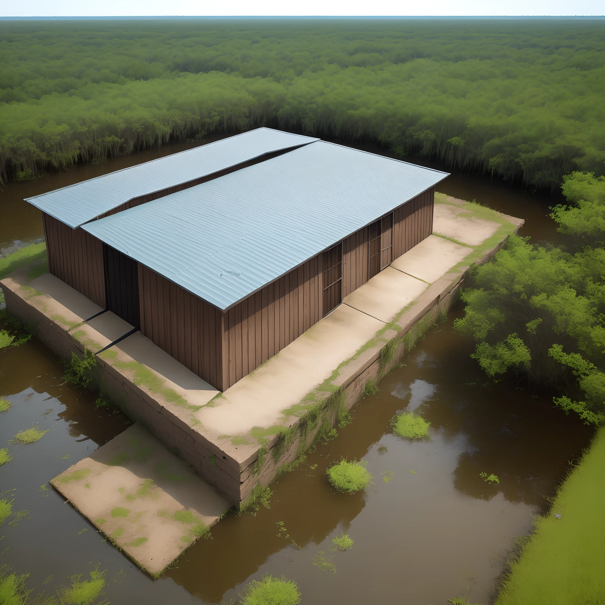 Barn roof shed floating on styrofoam blocks in Louisiana swamp