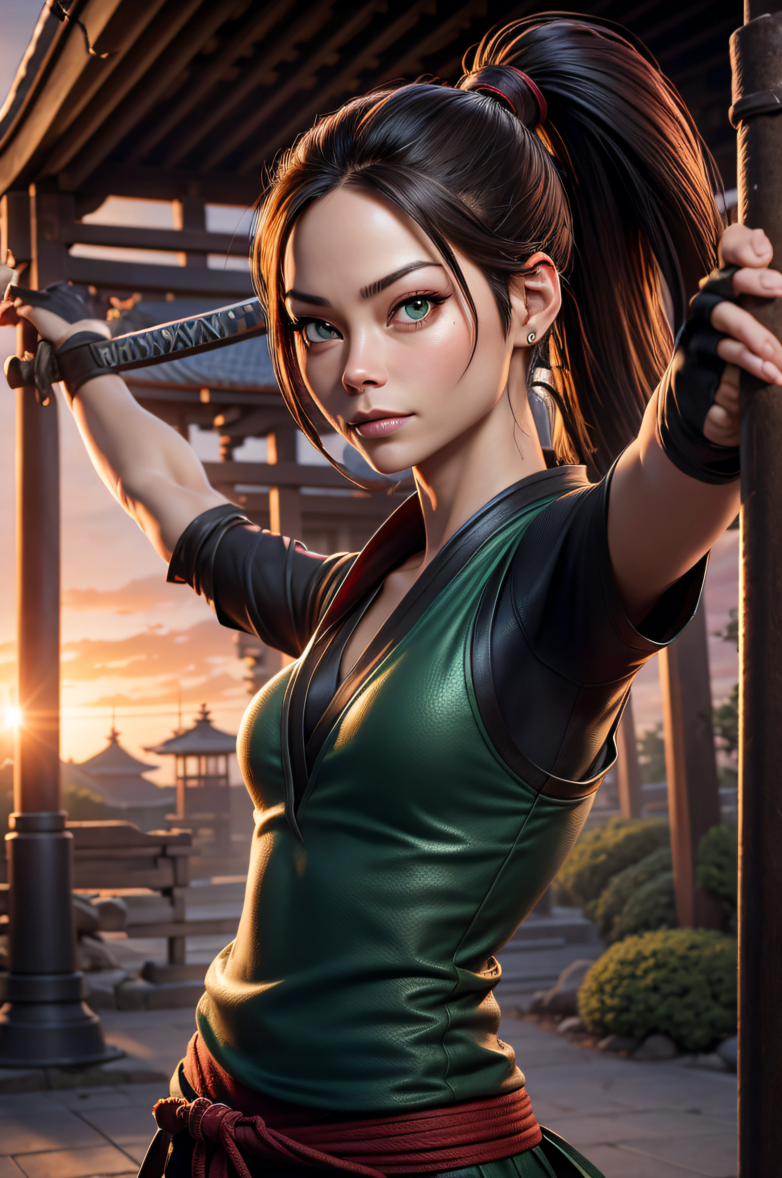 Kristin Kreuk with a ponytail and green eyes, as a ninja warrior fighting. with a katana in front of a Japanese temple at sunset . Realistic image, detailed skin, face detailed, hyper realistic.