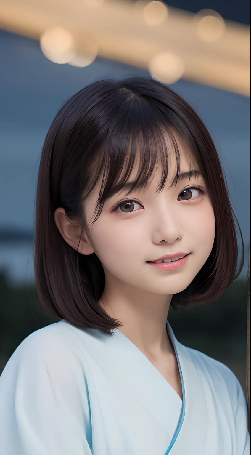 masutepiece, Best Quality, 8K, 8ars old, Teen, Raw photo, absurderes, award winning portrait, Smile, Solo, (Night:1.8), Idol face, Delicate girl, Upper body, Digital SLR, Looking at Viewer, Candid, Sophisticated,Thin arms, Professional Lighting, Film grain, chromatic abberation, (Eyes and faces with detailed:1.0), (Kimono:1.1) , closes mouth , A dark-haired , drooing eyes , Average-sized breasts , Shoulder out