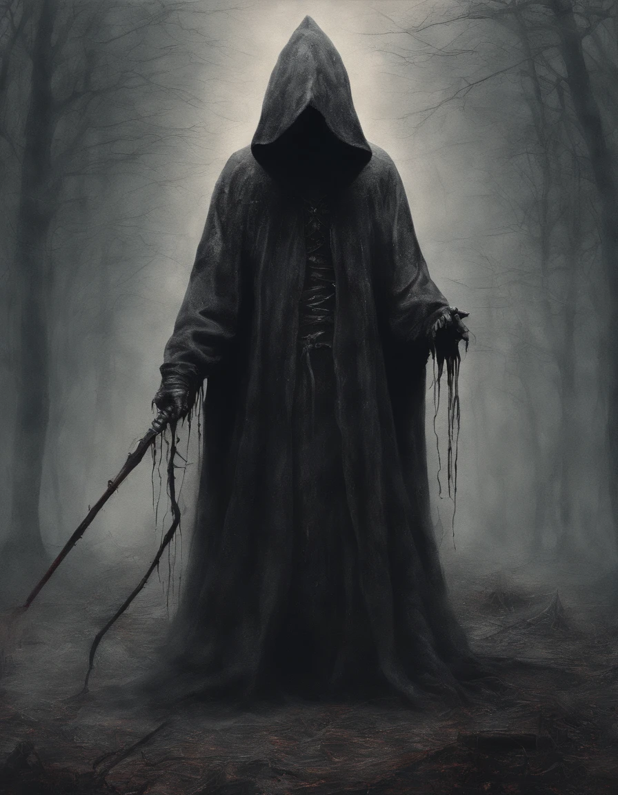Create a stunning painting of a terrifying white-skinned wizard with a hood, full entire body, close to the camera, Ruby red rod with small wings at the tip, Kosmische Asche, artistic, kompliziert