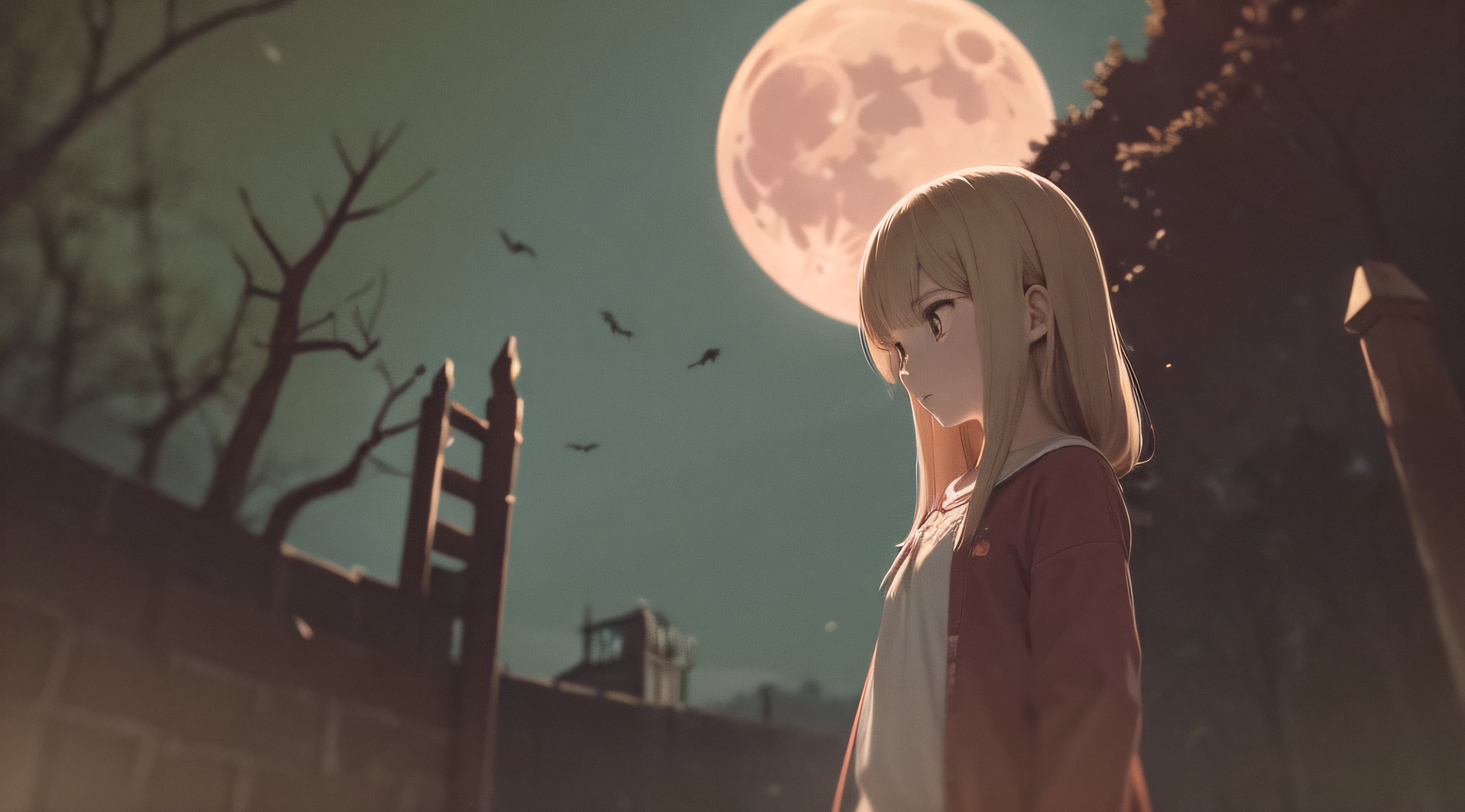 (obra prima) (perfection) (ultrarealista) (sem defeitos) de anime - bonita de cabelo loiro, Environment with red moon in the sky, halloween, aboboras, triste, blood, bleed, castelo, noite, pouca luz, morcegos, ultrarealista