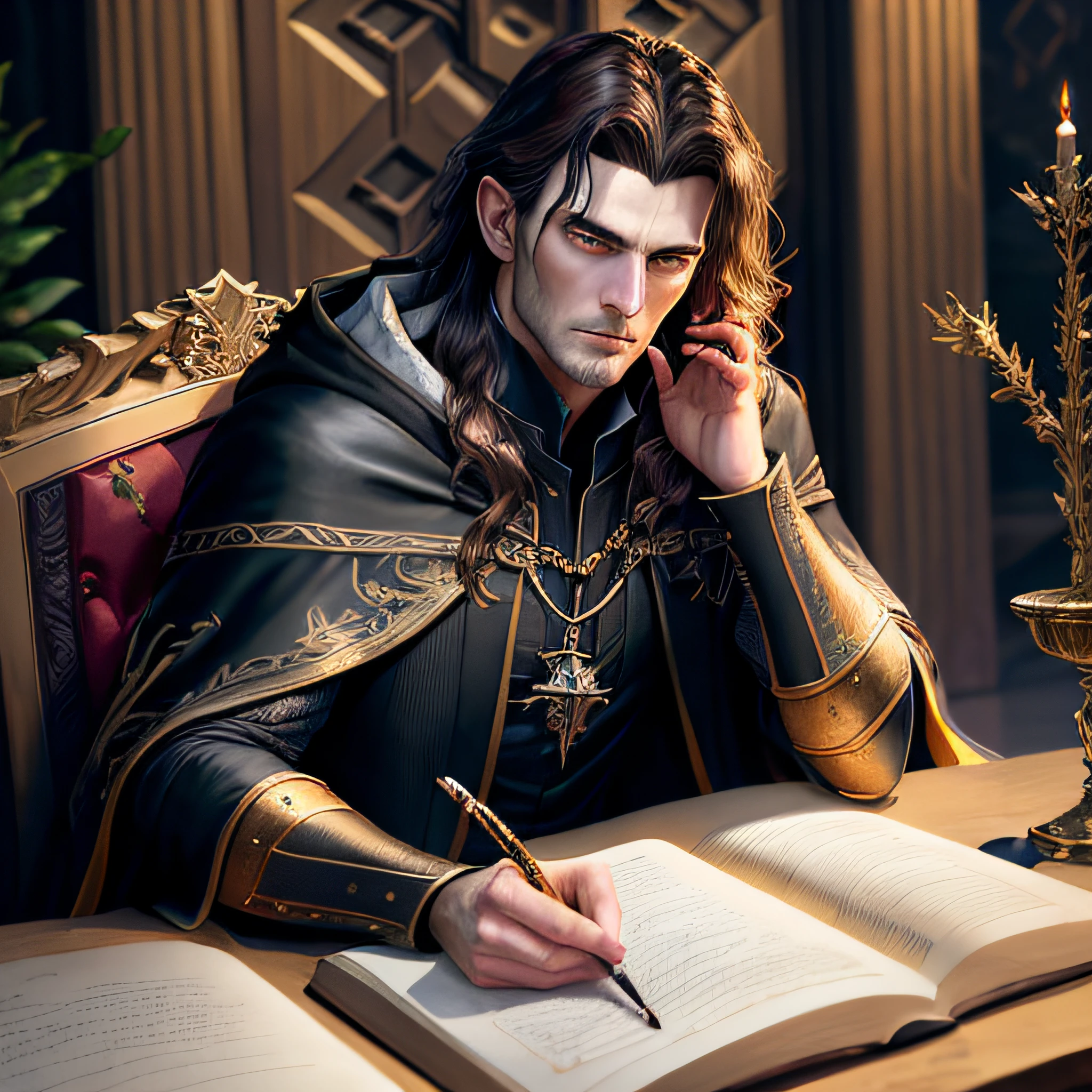 A character portrait of a young male Irish sorcerer wearing gilded black royal robes, pale skin, weathered, angry, angular facial features, long dark auburn hair, fantasy illustration, portrait, ultra realistic, oil painting:1.1, comic book art style:1.5, inked outline:1.3, character concept design, reference pose, centred, detailed clothing, hyperrealistic, artstation, by Donato Giancola, sharp focus, dramatic, portrait of fin wildcloak, wearing gilded black royal robes, portrait of merlin, portrait of a red sorcerer, wearing a luxurious royal cloak, black cloak, full color illustration, extremely high details], highly detailed old medieval English castle, highly detailed door, highly detailed hall, intricate, (muted natural colours:1.3), evening, dark
