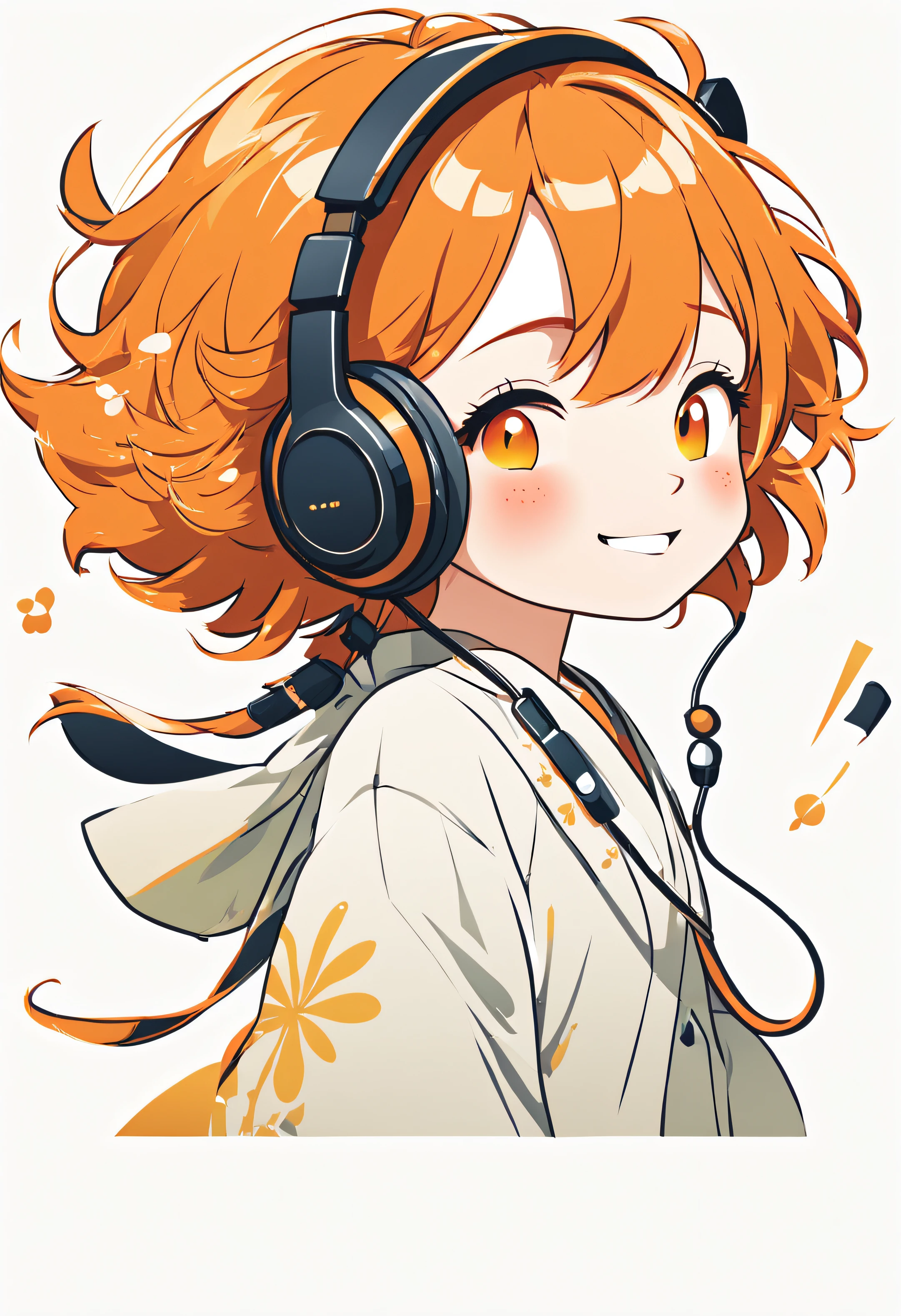 Icon material、Cute  s、illustratio、headphones、japanes、Right cheek、Orange hair、simple background、Vector image、a smile